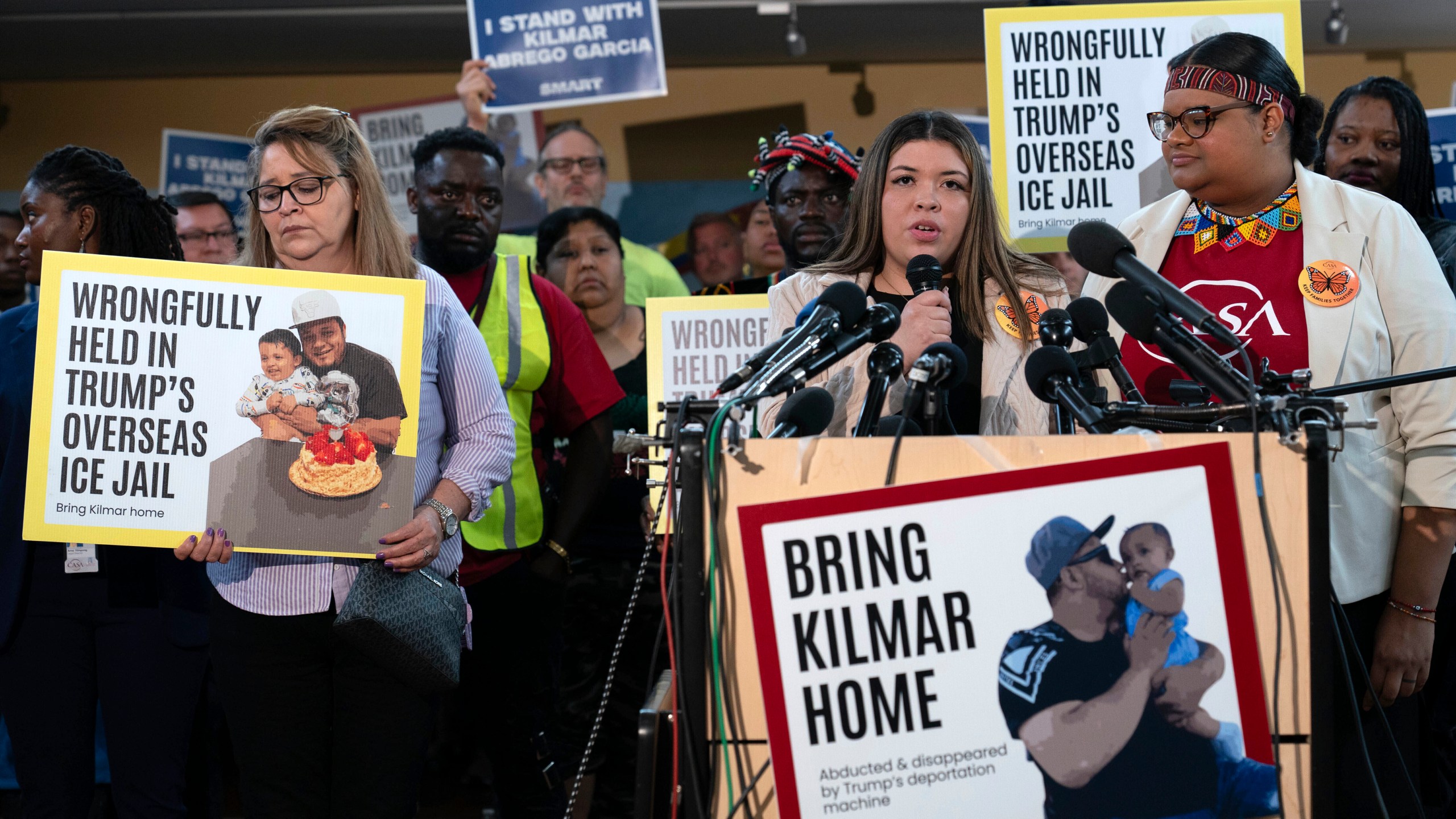 FILE - Jennifer Vasquez Sura, the wife of Kilmar Abrego Garcia of Maryland, who was mistakenly deported to El Salvador, speaks during a news conference at CASA's Multicultural Center in Hyattsville, Md., April 4, 2025. (AP Photo/Jose Luis Magana, file)