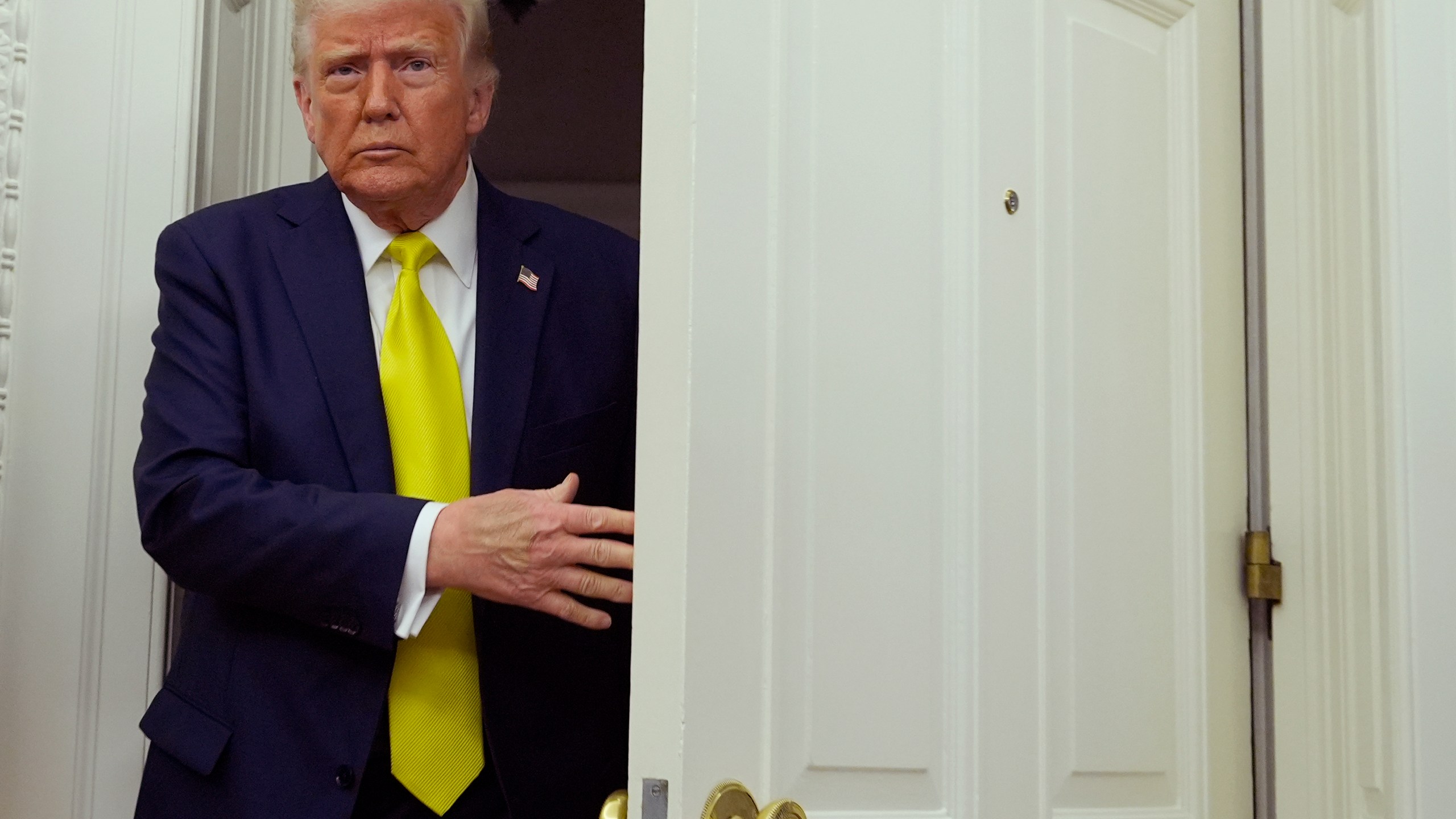 President Donald Trump arrives at a swearing in ceremony for Dr. Mehmet Oz to be Administrator of the Centers for Medicare and Medicaid Services, in the Oval Office of the White House, Friday, April 18, 2025, in Washington. (AP Photo/Alex Brandon)