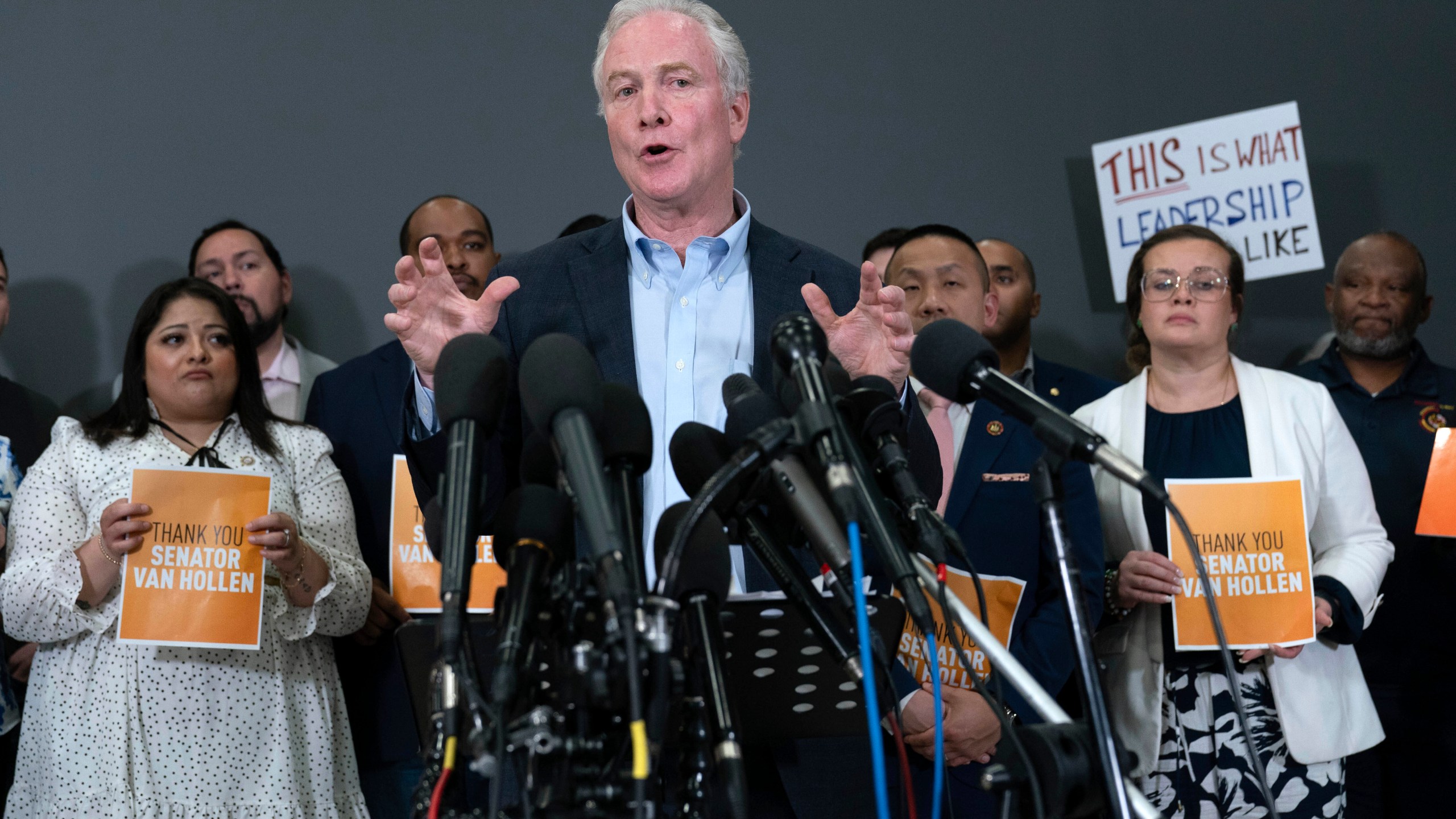 Sen. Chris Van Hollen, D-Md., speaks during a news conference upon his arrival from meeting with Kilmar Abrego Garcia in El Salvador, at Washington Dulles International Airport, in Chantilly, Va., Friday, April 18, 2025. (AP Photo/Jose Luis Magana)