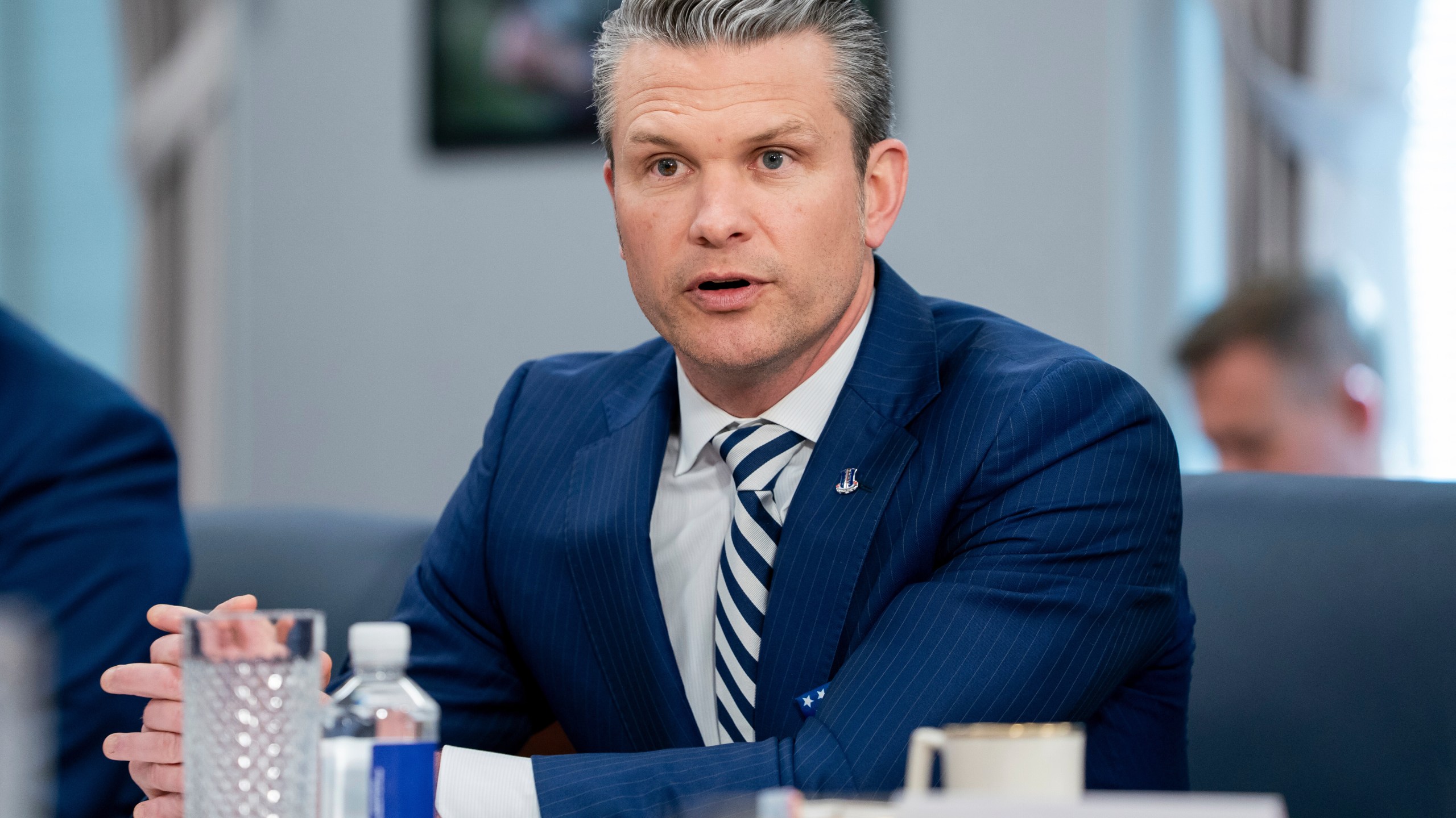 Defense Secretary Pete Hegseth speaks during a meeting with El Salvador's Minister of National Defense Rene Merino Monroy at the Pentagon, Wednesday, April 16, 2025, in Washington. (AP Photo/Nathan Howard)