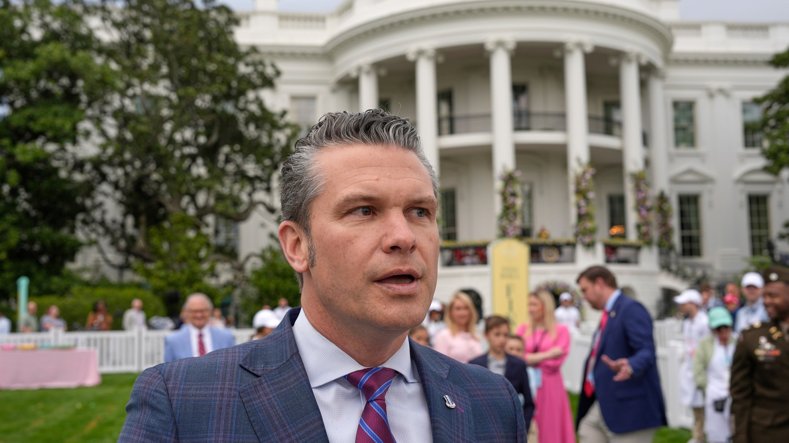 Defense Secretary Pete Hegseth speaks on the South Lawn of the White House before President Donald Trump and first lady Melania Trump participate in the White House Easter Egg Roll Monday, April 21, 2025, in Washington. (AP Photo/Alex Brandon)