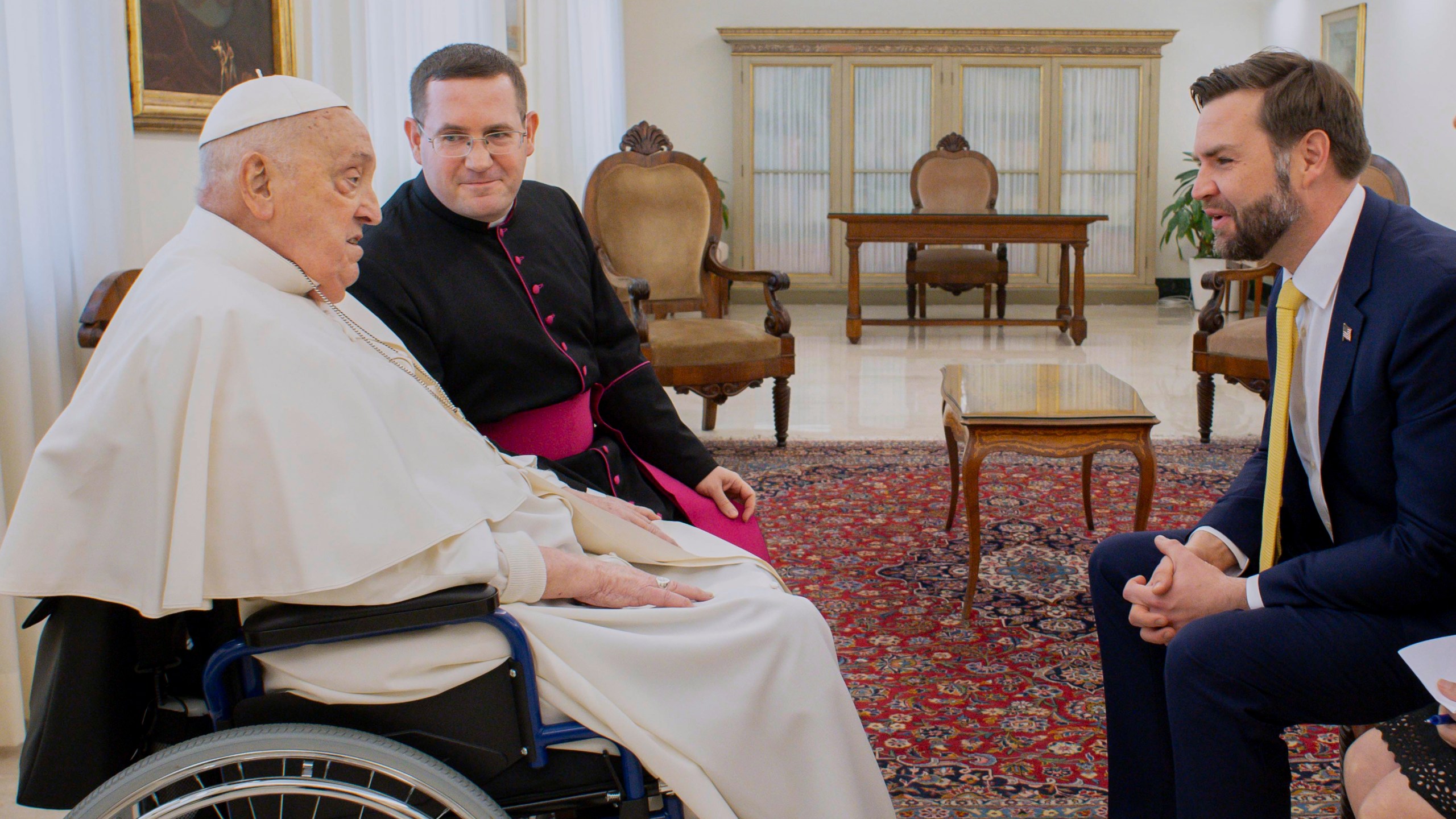 Pope Francis receives U.S. Vice President JD Vance, right, before bestowing the Urbi et Orbi (Latin for to the city and the world) blessing in St. Peter's Square at the Vatican Sunday, April 20, 2025. (Vatican Media via AP, HO)