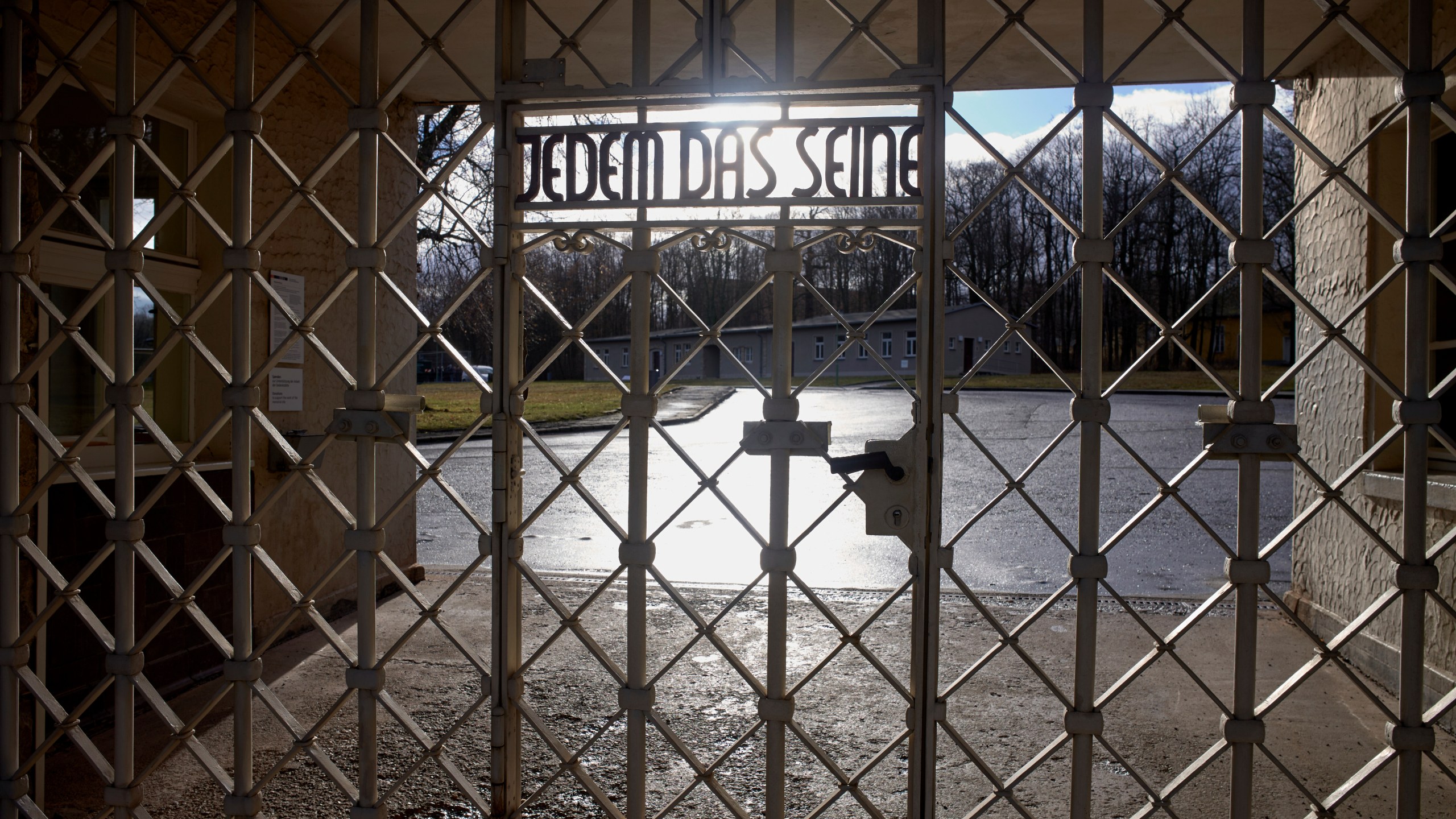 A view of the entrance gate of the Nazi death camp 'Buchenwald' with the inscription 'Jedem das Seine' (To Each His Own) in Weimar, Germany, on Jan. 10, 2020. (AP Photo/Markus Schreiber)