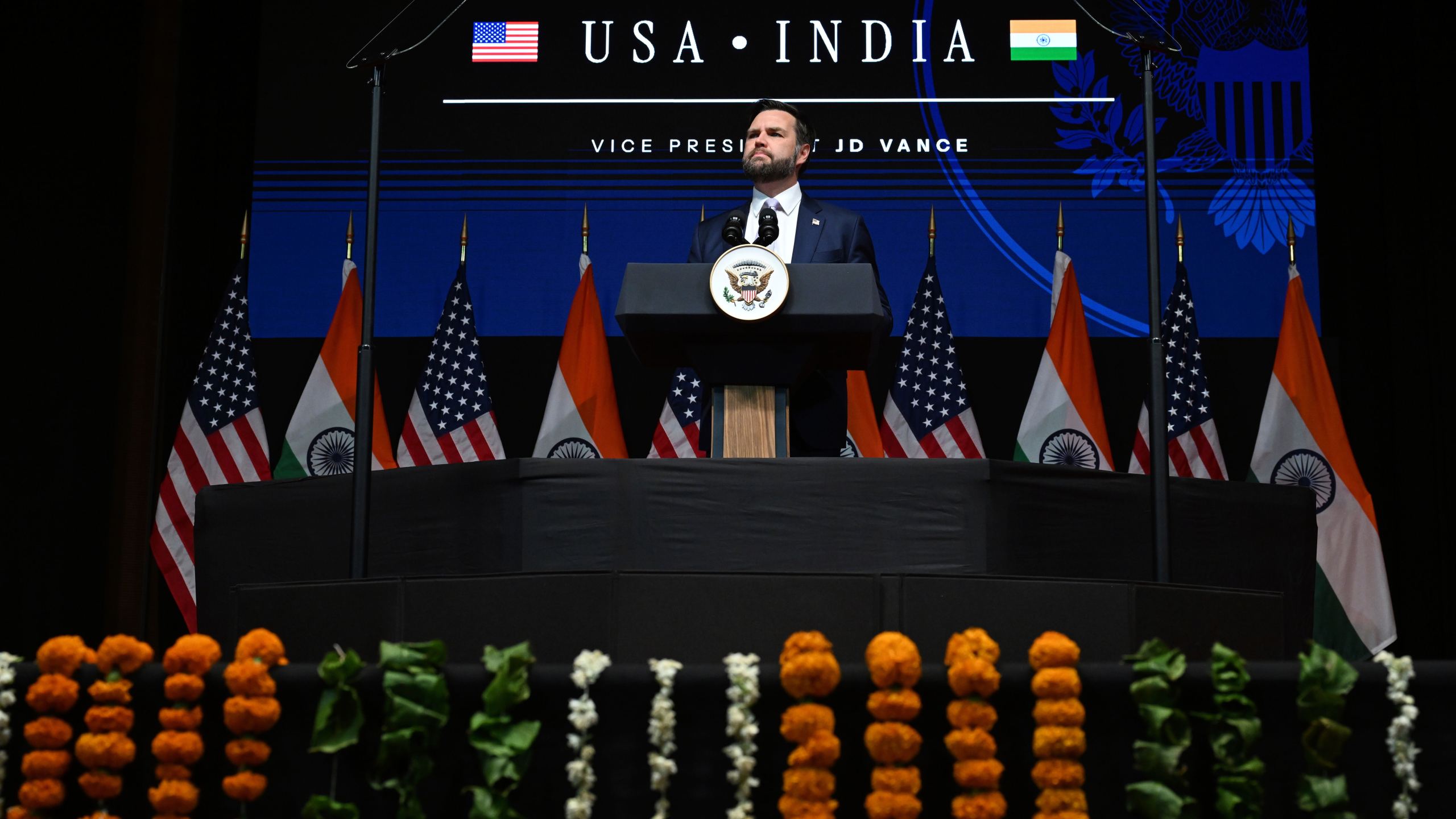 U.S. Vice President JD Vance delivers remarks at the Rajasthan International Centre in Jaipur, India, Tuesday, April 22, 2025. (Kenny Holston/The New York Times via AP, Pool)