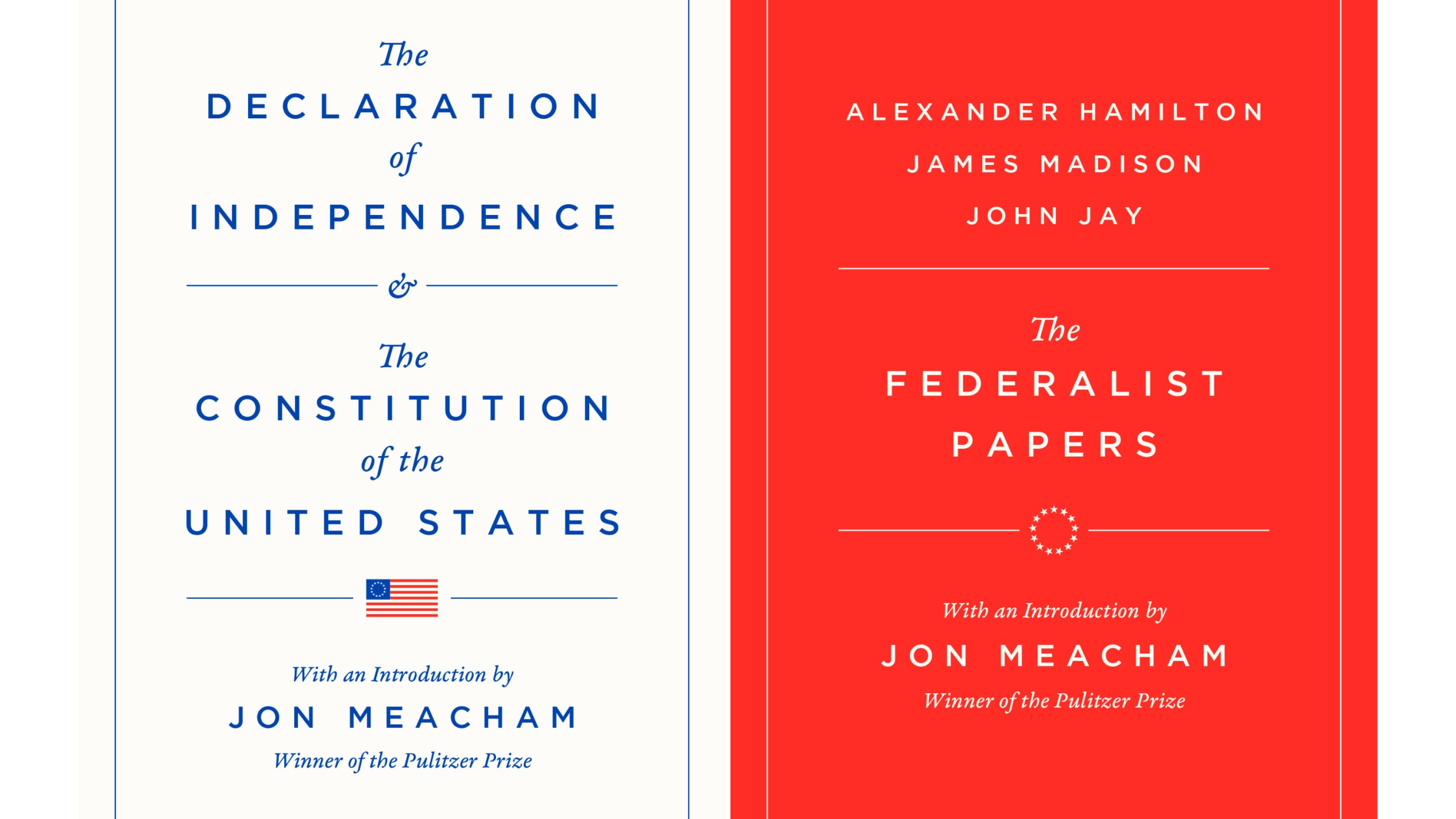 This combination of book cover images shows "The Declaration of Independence and the U.S. Constitution," releasing in July, left, and "The Federalist Papers," releasing in November. (Random House via AP)