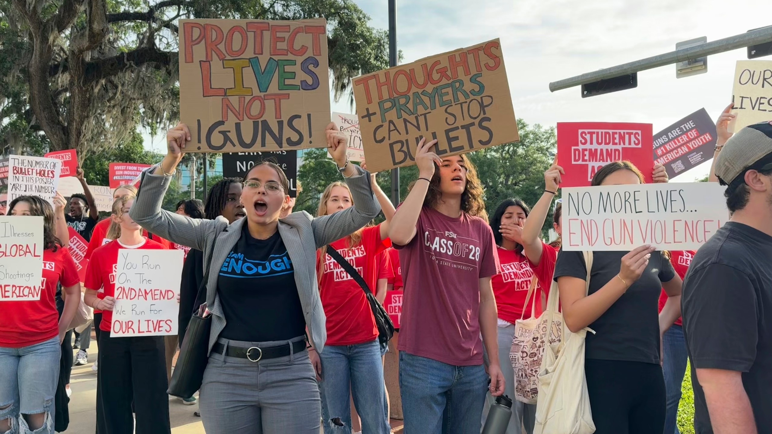 Students and activists rally for gun control policies outside of Florida's historic old capitol on Wednesday, April 23, 2025 in Tallahassee, Fla., less than a week after a deadly shooting at Florida State University. (AP Photo/Kate Payne)