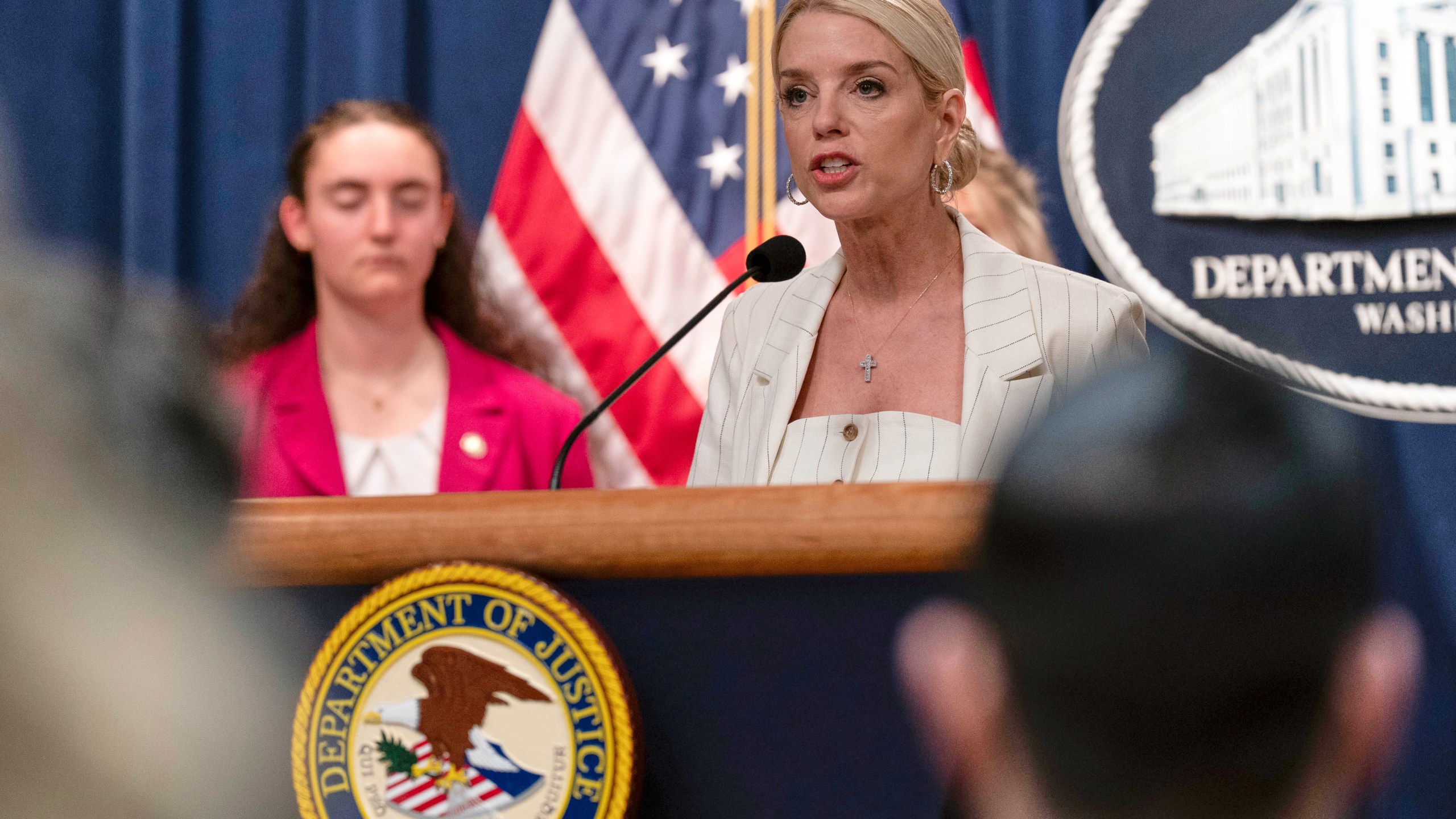 Attorney General Pam Bondi speaks during a news conference at the Department of Justice headquarters in Washington, Wednesday, April 16, 2025. (AP Photo/Jose Luis Magana)