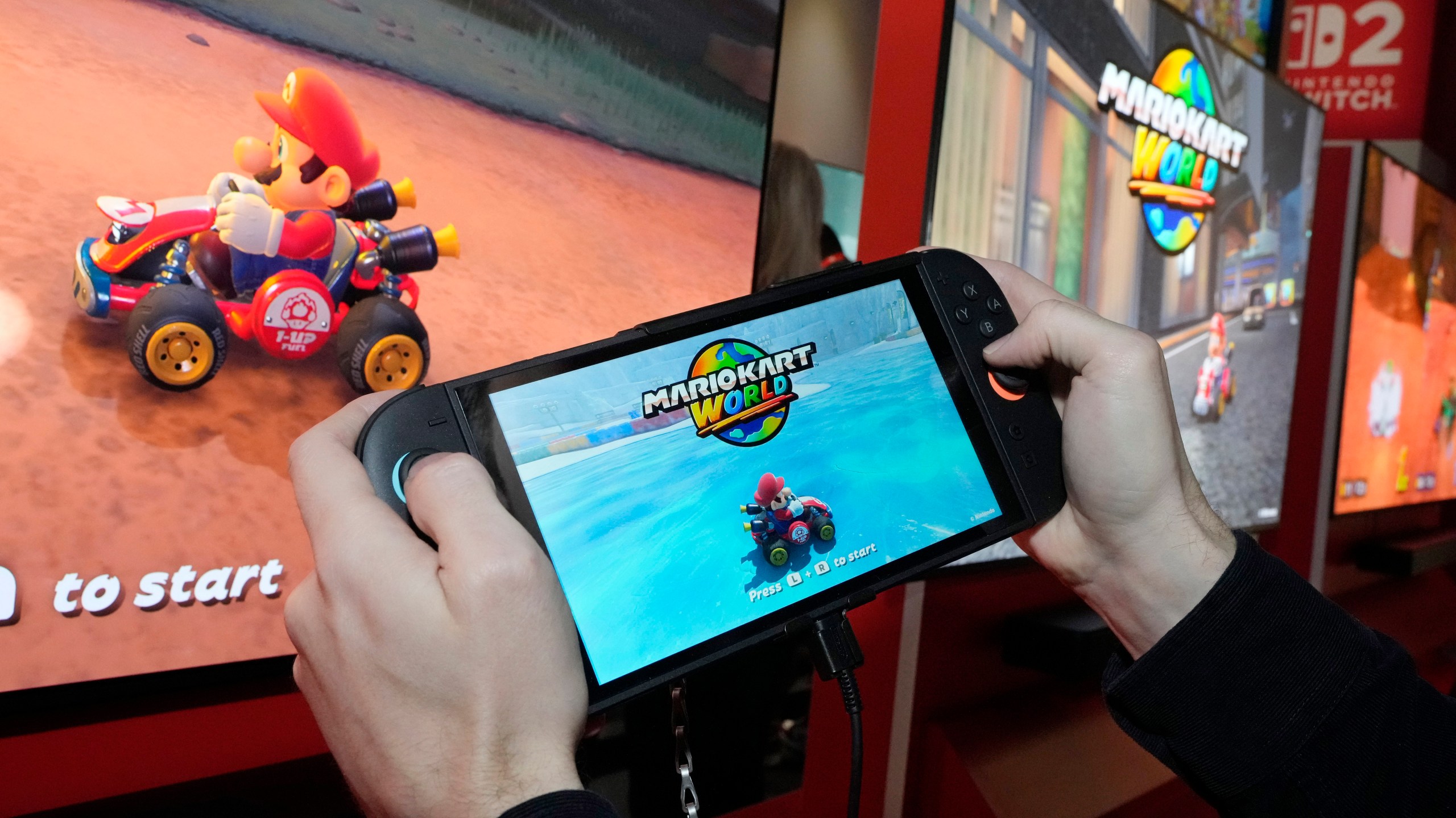 The Nintendo Switch 2 is demonstrated during a media event, in New York, Wednesday, April 2, 2025. (AP Photo/Richard Drew)