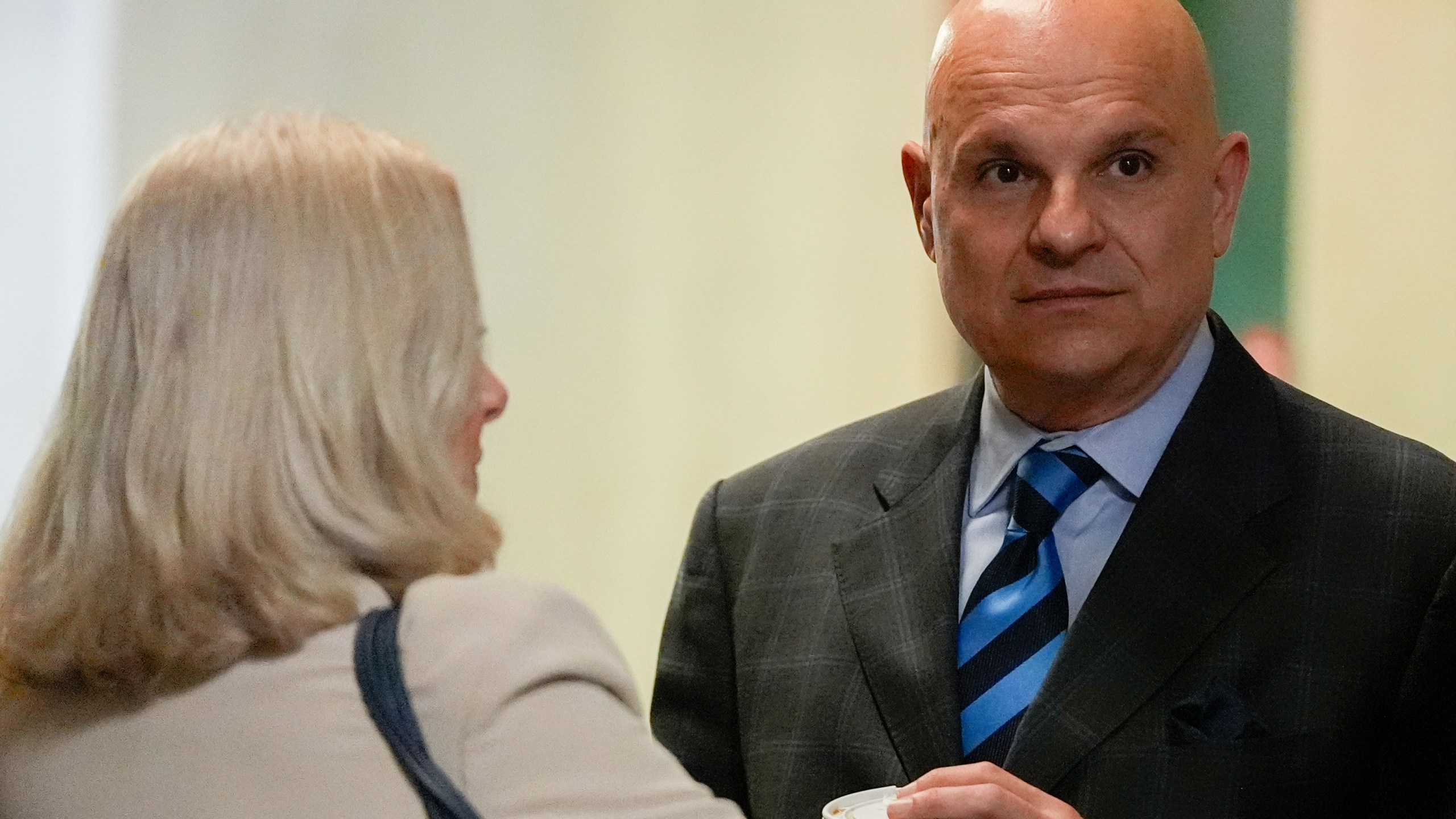 Attornesy Diana Fabi Samson and Arthur Aidala speak outside Harvey Weinstein's retrial in Manhattan Criminal Court, Thursday, April 24, 2025, in New York. (AP Photo/Julia Demaree Nikhinson)