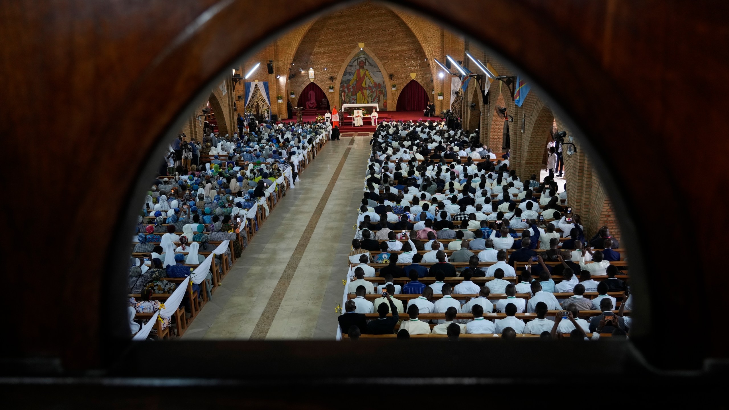 FILE - Pope Francis meets with priests, deacons, consecrated people and seminarians at the "Notre Dame du Congo" Cathedral in Kinshasa, Democratic Republic of Congo, Feb. 2, 2023. (AP Photo/Gregorio Borgia, File)