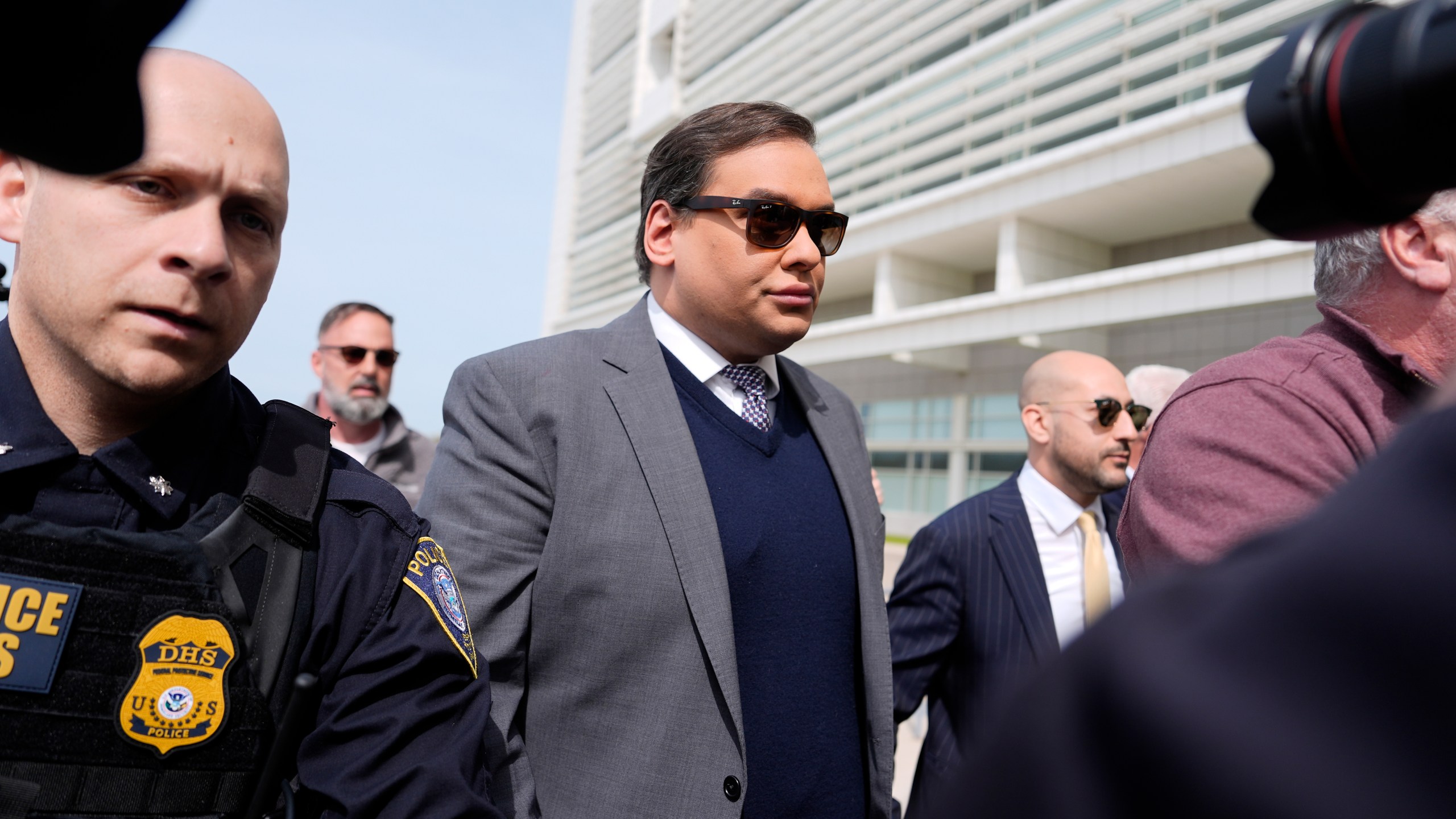 Former U.S. Rep. George Santos arrives at federal court for sentencing, Friday, April 25, 2025, in Central Islip, N.Y. (AP Photo/Julia Demaree Nikhinson)