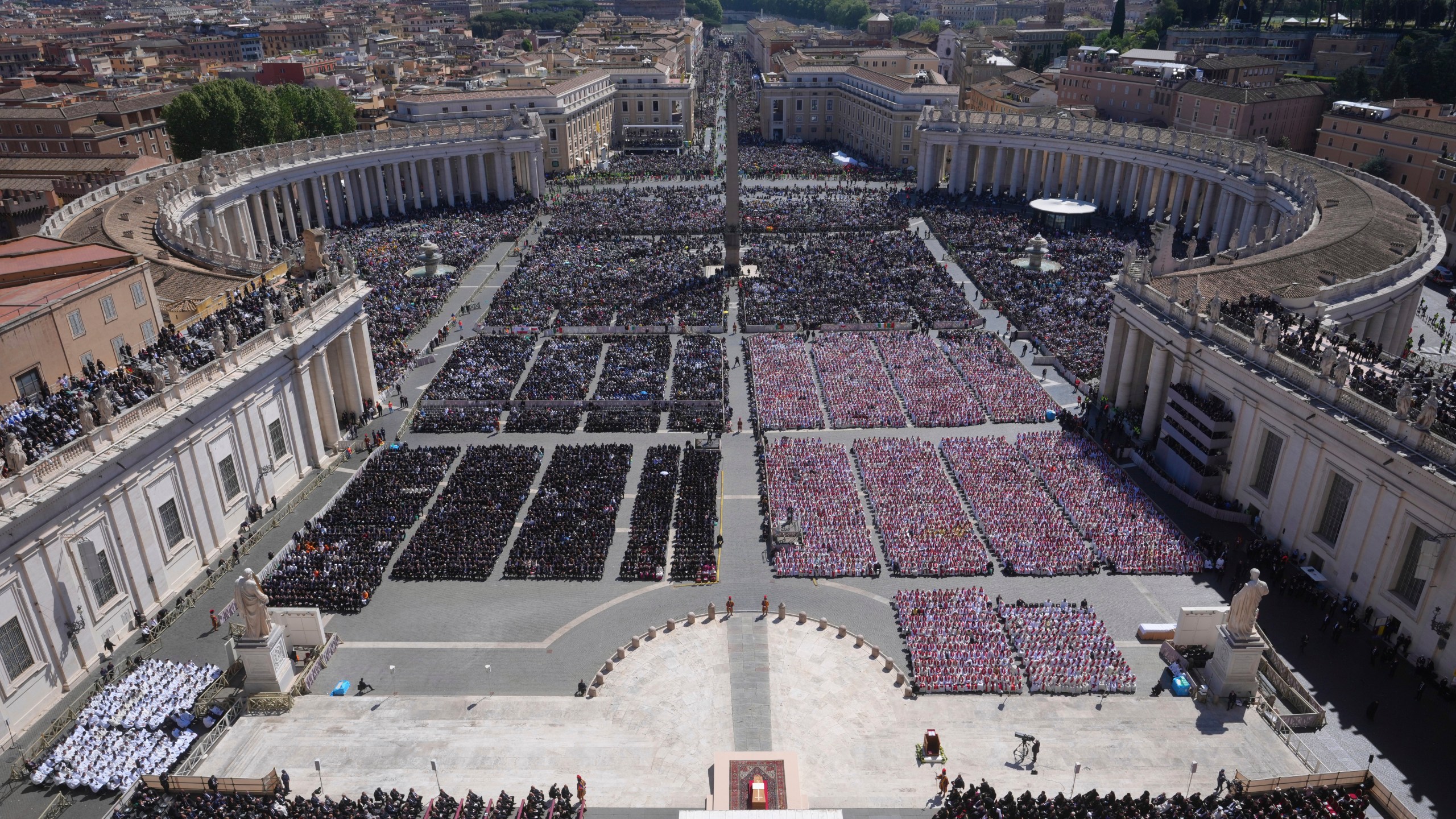 A view of the funeral of Pope Francis in St. Peter's Square at the Vatican, Saturday, April 26, 2025. (AP Photo/Alessandra Tarantino)