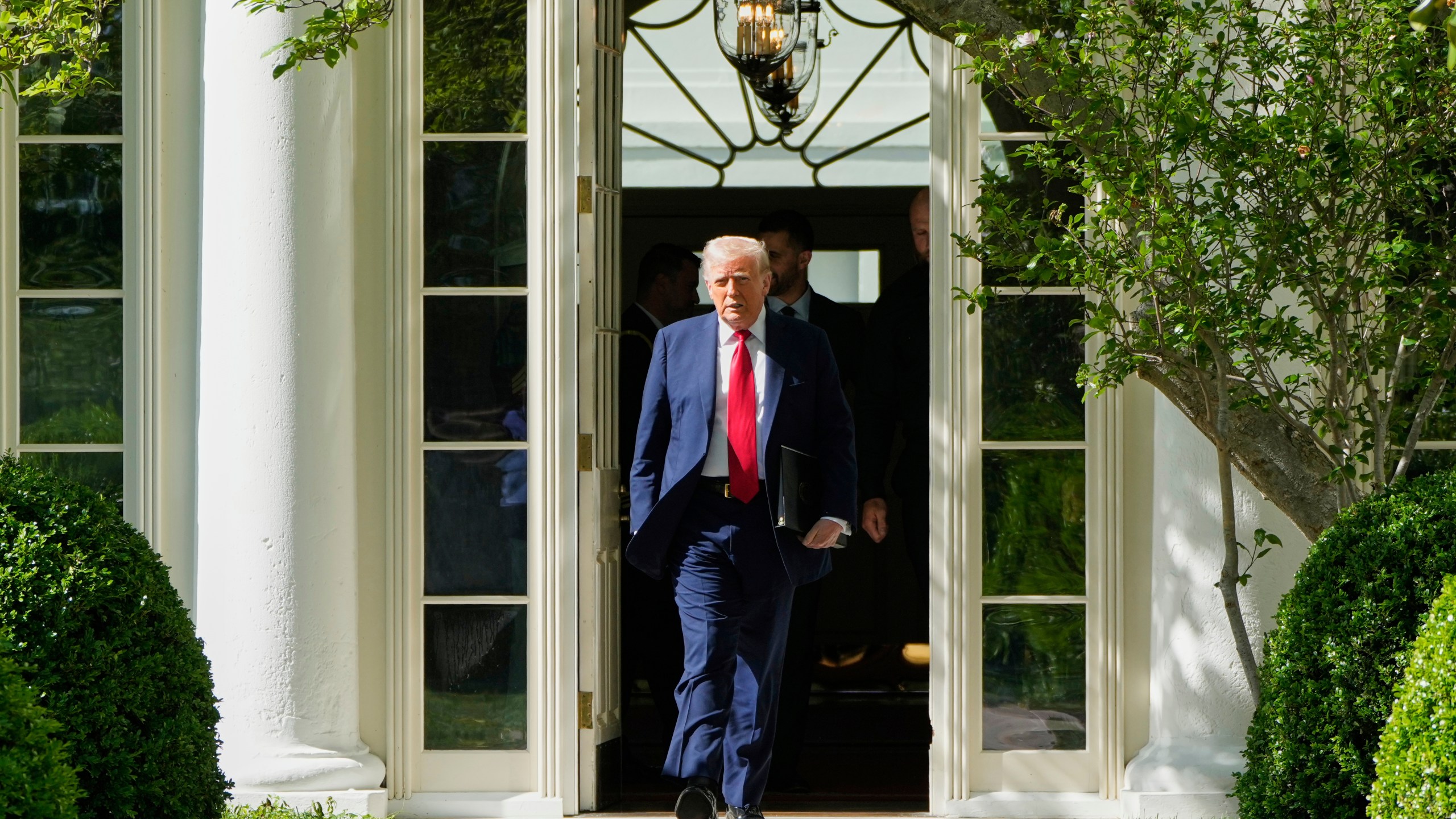 President Donald Trump arrives to welcome the Super Bowl champion Philadelphia Eagles NFL football team to the South Lawn of the White House, Monday, April 28, 2025, in Washington. (AP Photo/Mark Schiefelbein)