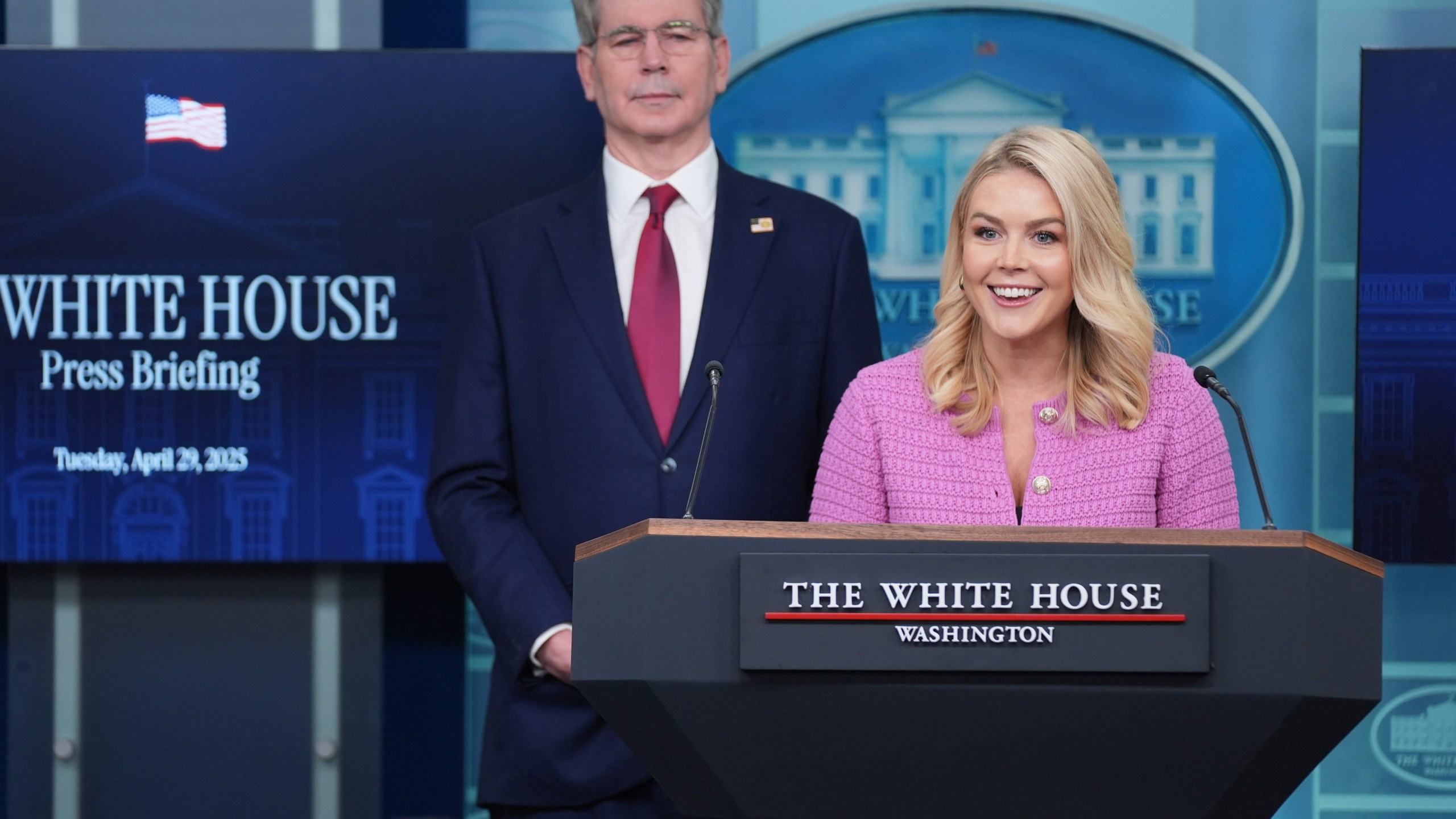 White House press secretary Karoline Leavitt speaks during a briefing with Treasury Secretary Scott Bessent at the White House, Tuesday, April 29, 2025, in Washington. (AP Photo/Evan Vucci)