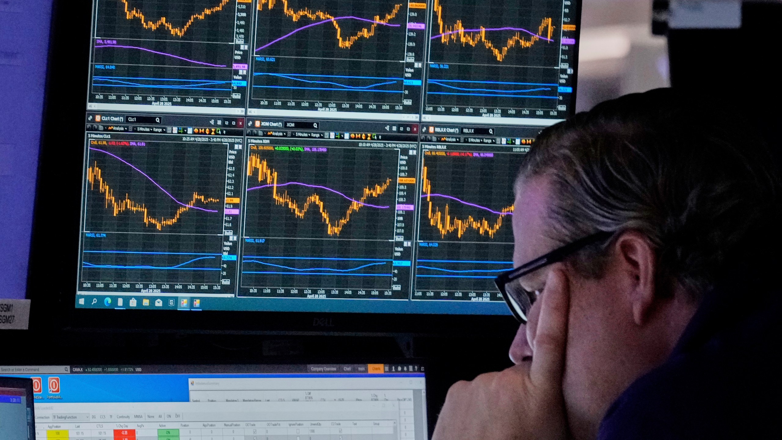 FILE - Specialist Gregg Maloney works at his post on the floor of the New York Stock Exchange, Monday, April 28, 2025. (AP Photo/Richard Drew, File)