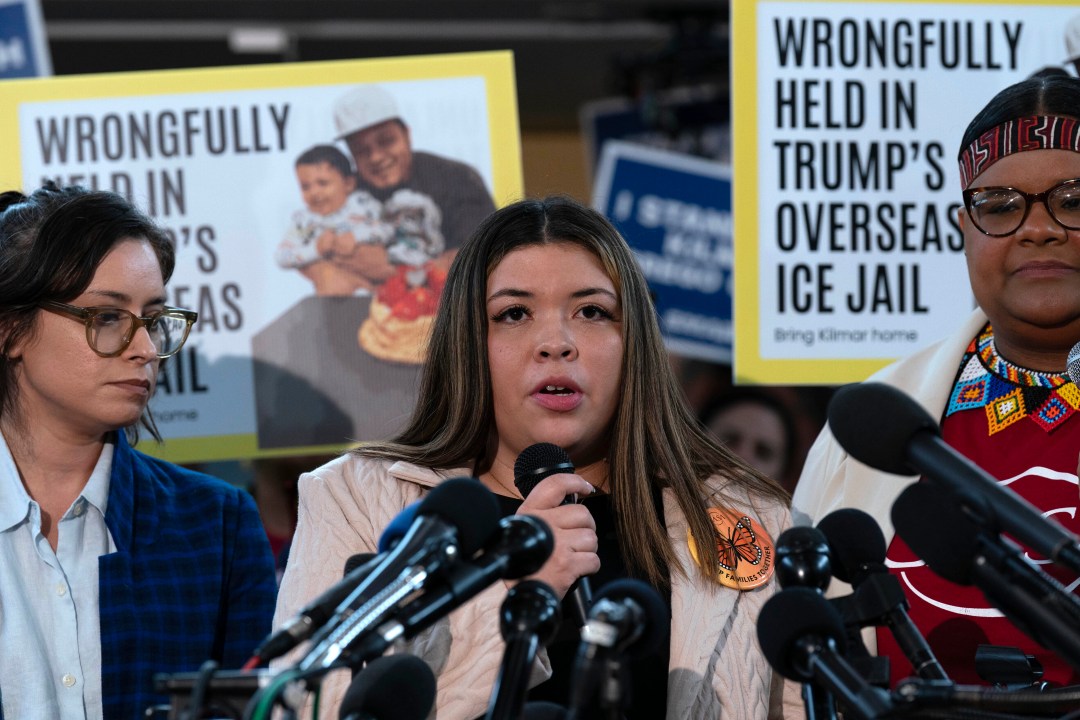 Jennifer Vasquez Sura, the wife of Kilmar Abrego Garcia of Maryland, who was mistakenly deported to El Salvador, speaks during a news conference at CASA's Multicultural Center in Hyattsville, Md., Friday, April 4, 2025. (AP Photo/Jose Luis Magana)