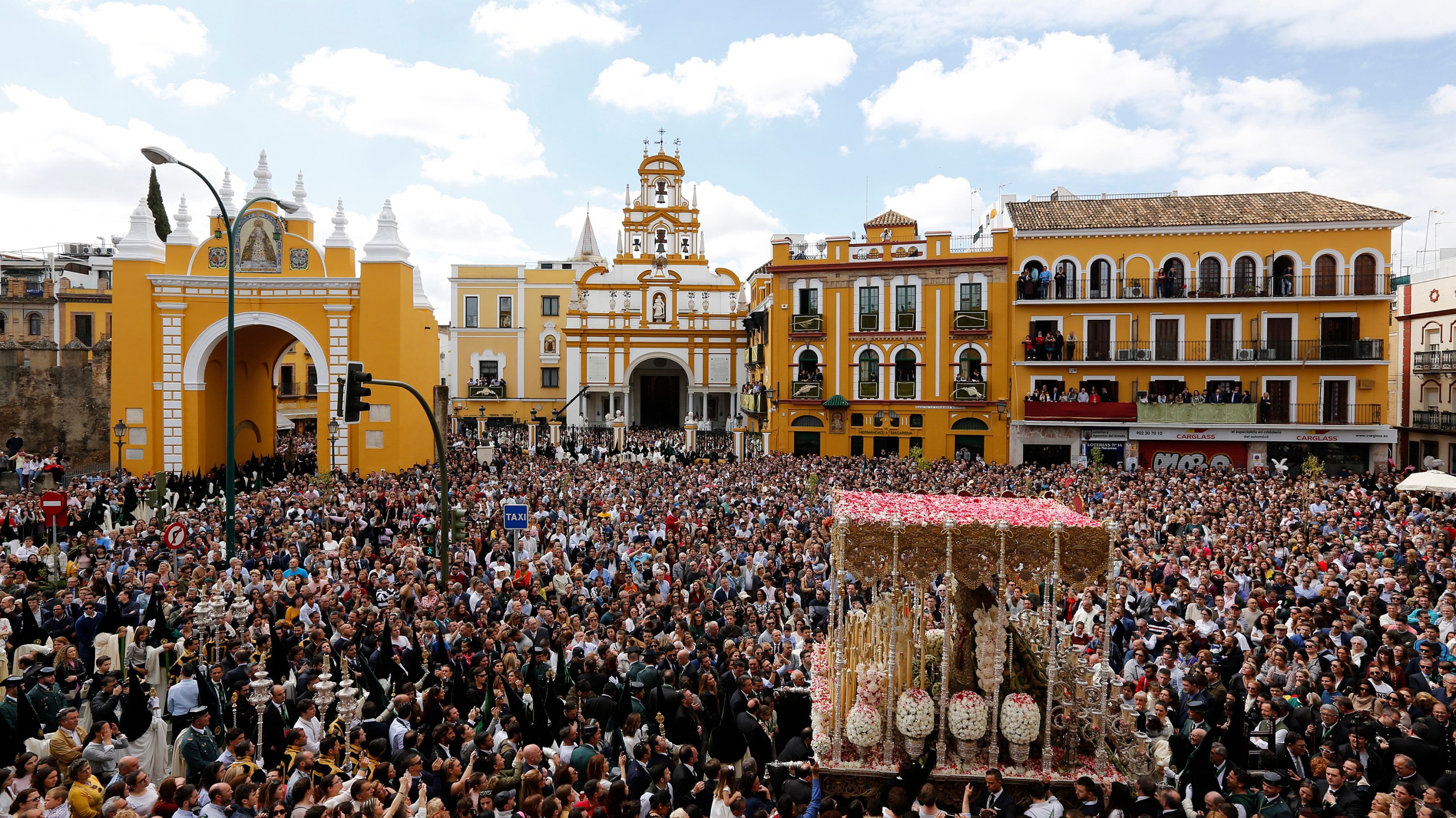 Virgin of La Macarena brotherhood is seen during a Holy Week procession