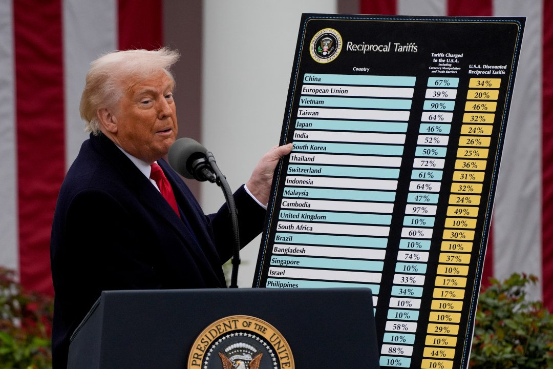 President Trump points to a reciprocal tariffs poster