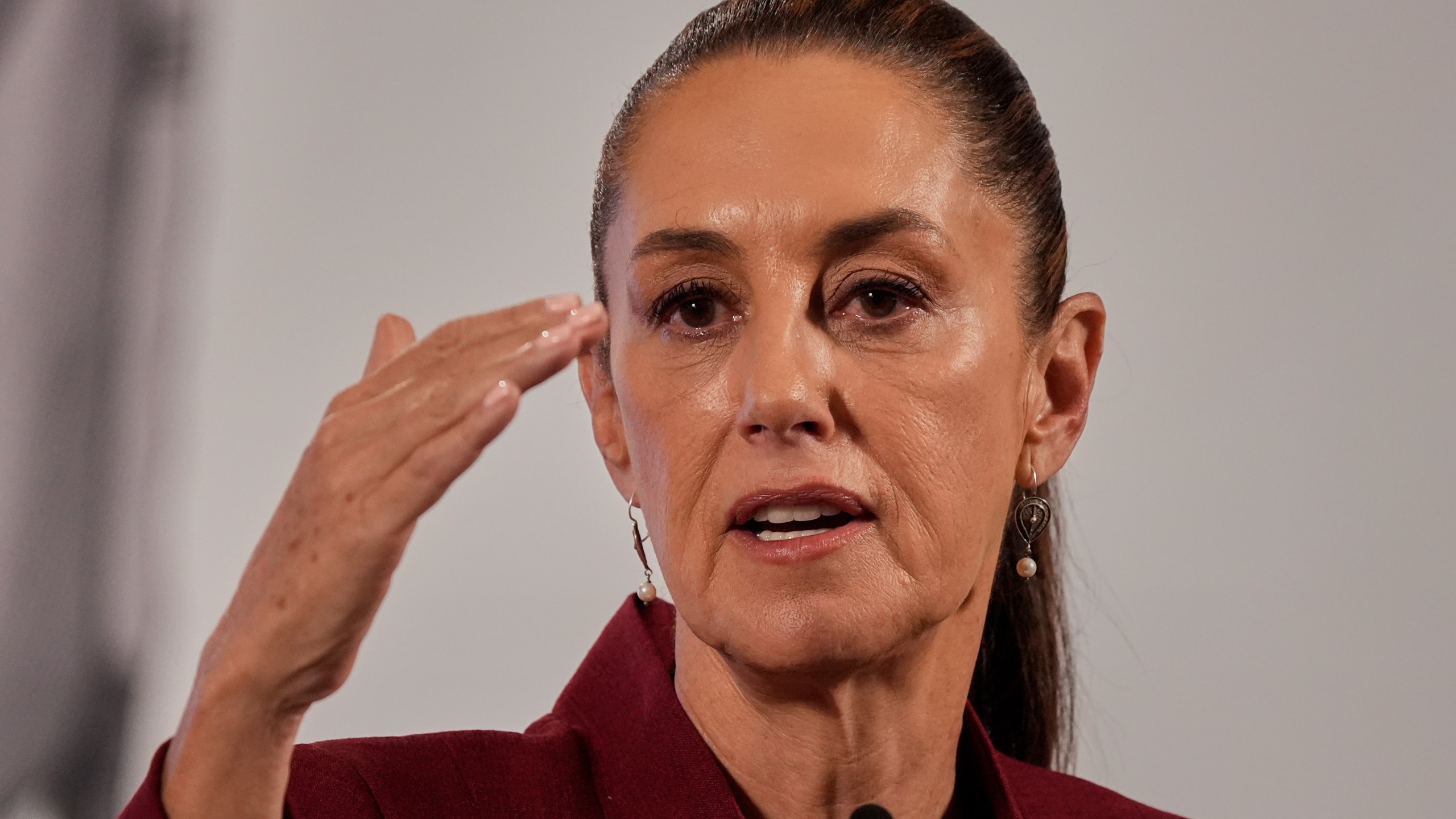 Mexican President Claudia Sheinbaum during her morning press conference at the National Palace in Mexico City, Wednesday, April 2, 2025. (AP Photo/Marco Ugarte)