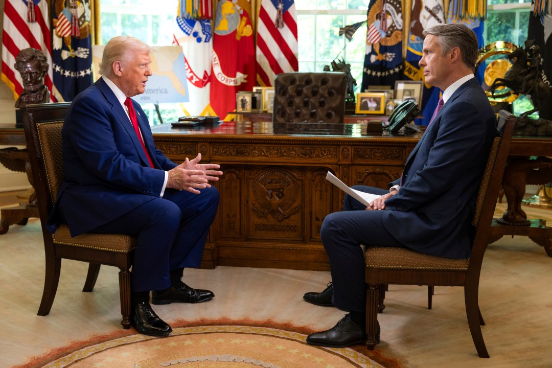 This image provided by ABC shows President Donald J. Trump sitting down with Anchor and Senior National Correspondent Terry Moran for an interview marking his first 100 days in office, Tuesday, April 29, 2025 in Washington. (Michael Le Brecht II/ABC via AP)