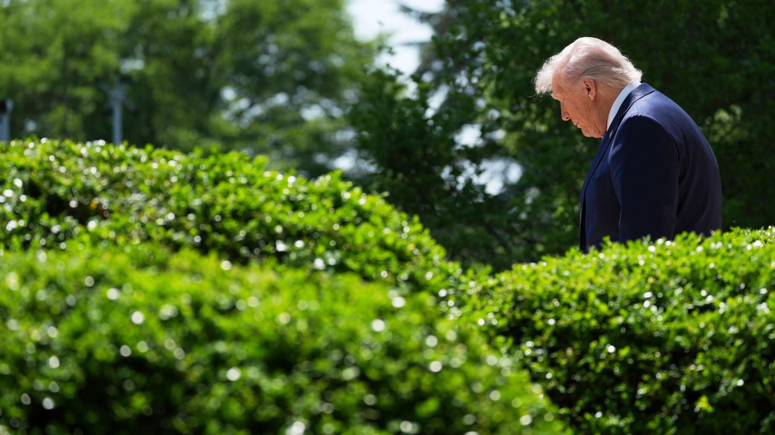 President Donald Trump arrives to speak during a National Day of Prayer event in the Rose Garden of the White House, Thursday, May 1, 2025, in Washington. (AP Photo/Evan Vucci)