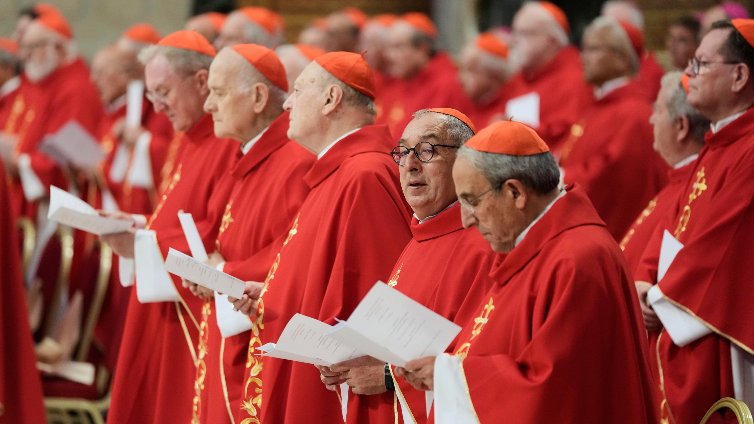Cardinals nattend a mass on the sixth of nine days of mourning for late Pope Francis, in St. Peter's Basilica at the Vatican, Thursday, May 1, 2025. (AP Photo/Gregorio Borgia)