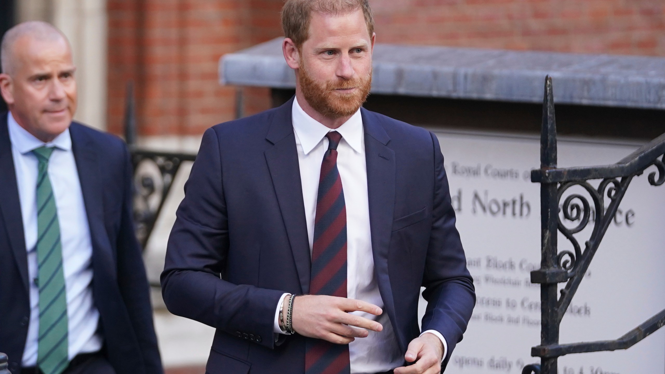 Prince Harry leaves the Royal Courts of Justice in London, Wednesday, April 9, 2025. (AP Photo/Alberto Pezzali)