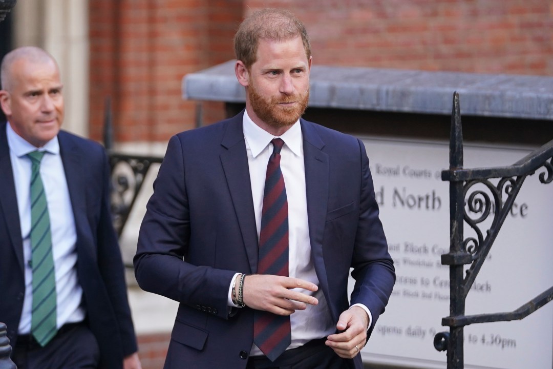 Prince Harry leaves the Royal Courts of Justice in London, Wednesday, April 9, 2025. (AP Photo/Alberto Pezzali)