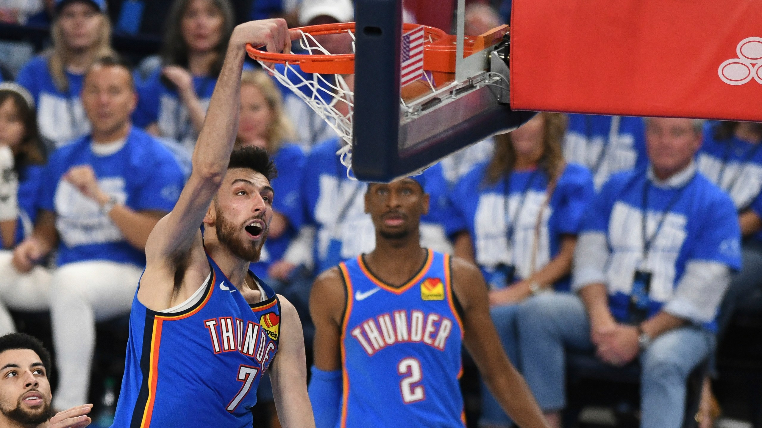 Oklahoma City Thunder forward Chet Holmgren dunks during the second half in Game 1 of an NBA first-round playoff series against the Memphis Grizzlies, Tuesday, April 22, 2025, in Oklahoma City. (AP Photo/Kyle Phillips)