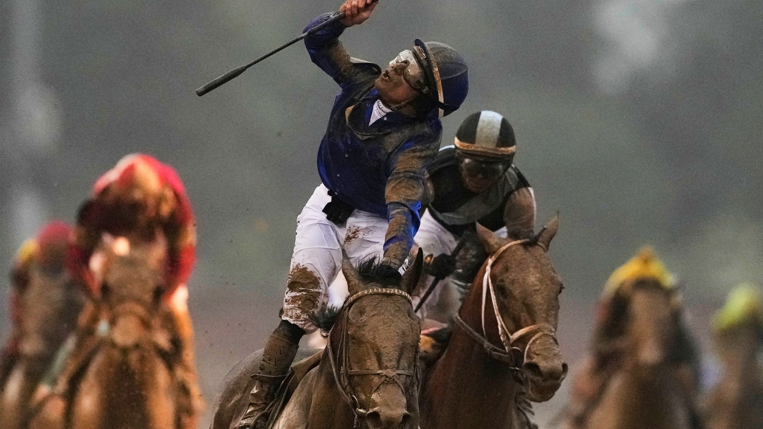 Jockey Junior Alvarado celebrates after riding Sovereignty to victory in the 151st running of the Kentucky Derby horse race at Churchill Downs Saturday, May 3, 2025, in Louisville, Ky. (AP Photo/Brynn Anderson)
