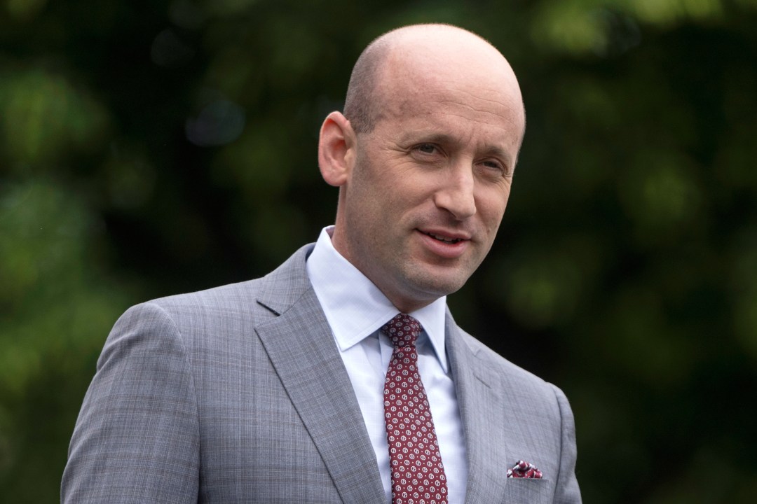 White House Deputy Chief of Staff Stephen Miller speaks to reporters outside the White House, Friday, May 9, 2025, in Washington. (AP Photo/Mark Schiefelbein)