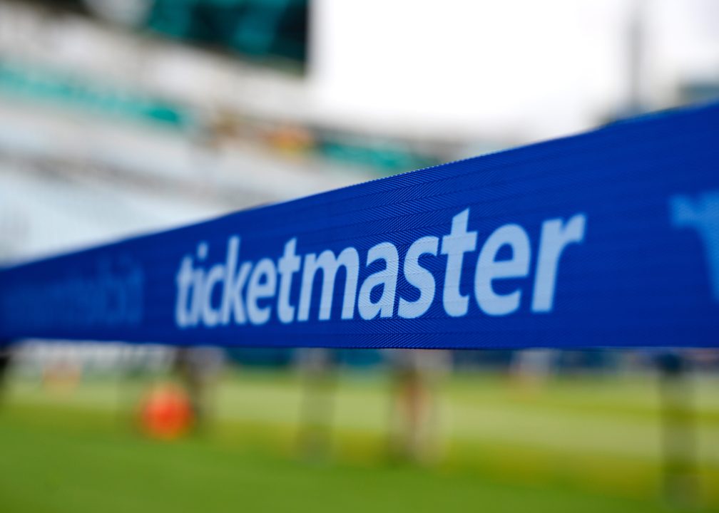 FILE - An advertisement for Ticketmaster is viewed along an area reserved for special guests on the sideline of the field before an NFL football game, Sunday, Sept. 15, 2024, in Jacksonville, Fla. (AP Photo/Phelan M. Ebenhack, file)