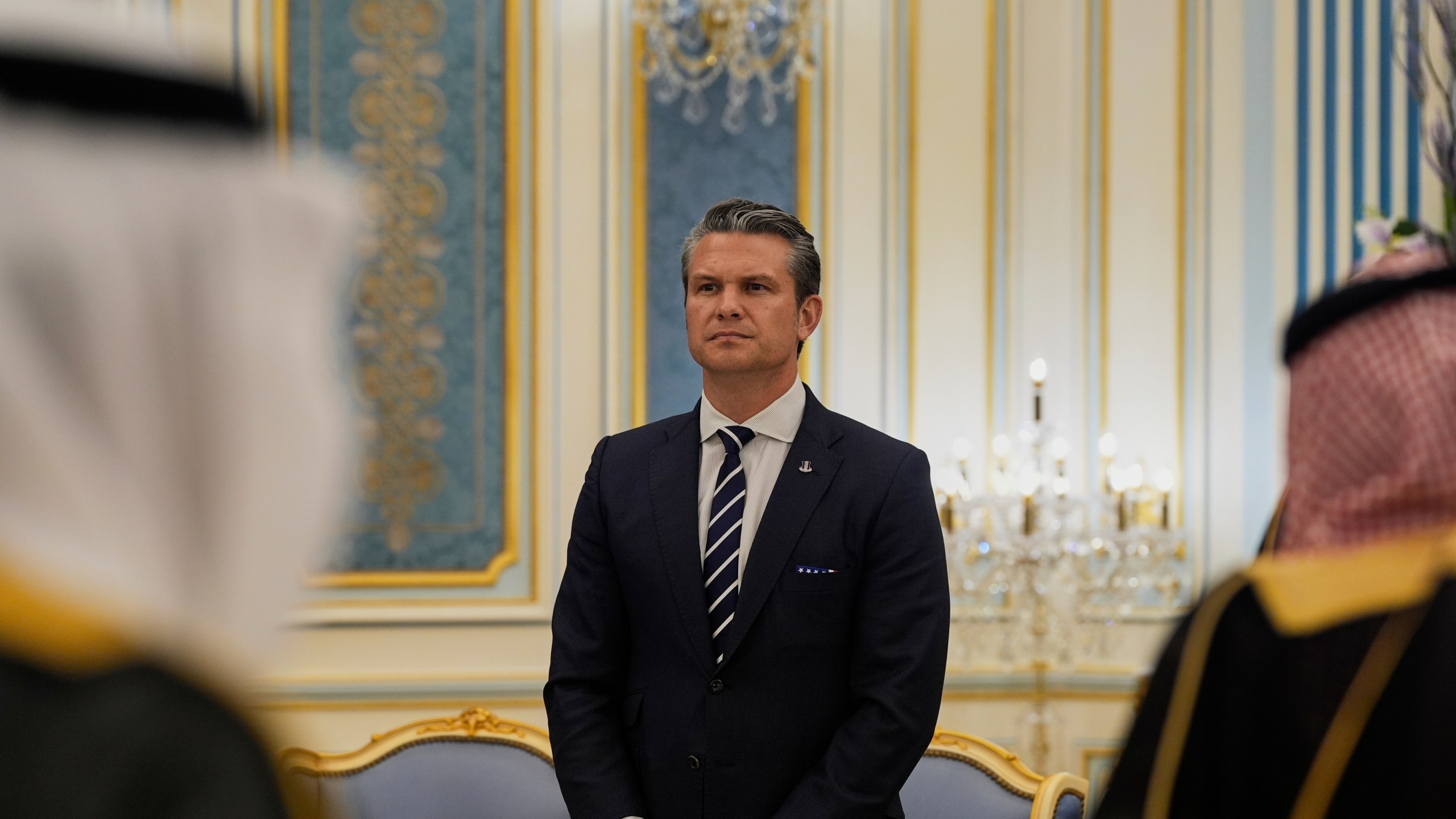 Secretary of Defense Pete Hegseth attends a welcome ceremony for President Donald Trump hosted by Saudi Crown Prince Mohammed bin Salman at the Royal Palace in Riyadh, Saudi Arabia, Tuesday, May 13, 2025. (AP Photo/Alex Brandon)