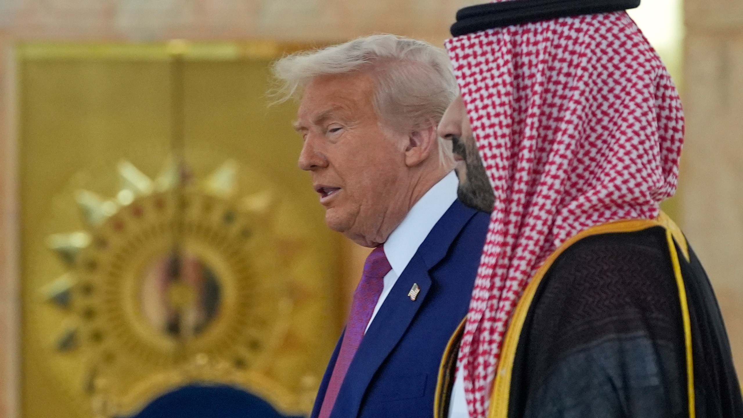President Donald Trump arrives with Saudi Crown Prince Mohammed bin Salman for a coffee ceremony at the Royal Terminal of King Khalid International Airport in Riyadh, Saudi Arabia, Tuesday, May 13, 2025.(AP Photo/Alex Brandon)