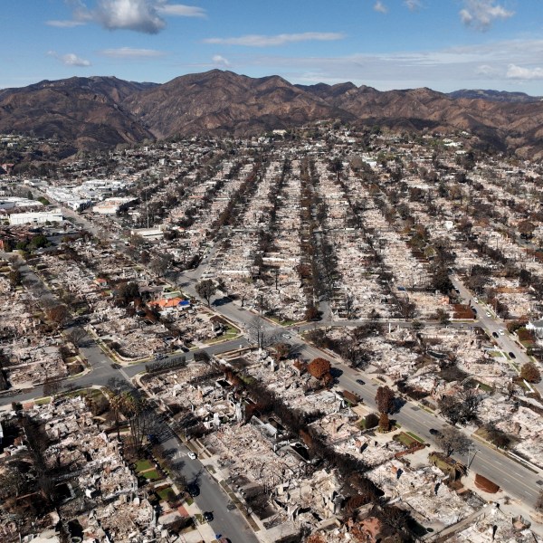 The devastation from the Palisades Fire is shown in an aerial view in the Pacific Palisades neighborhood of Los Angeles.