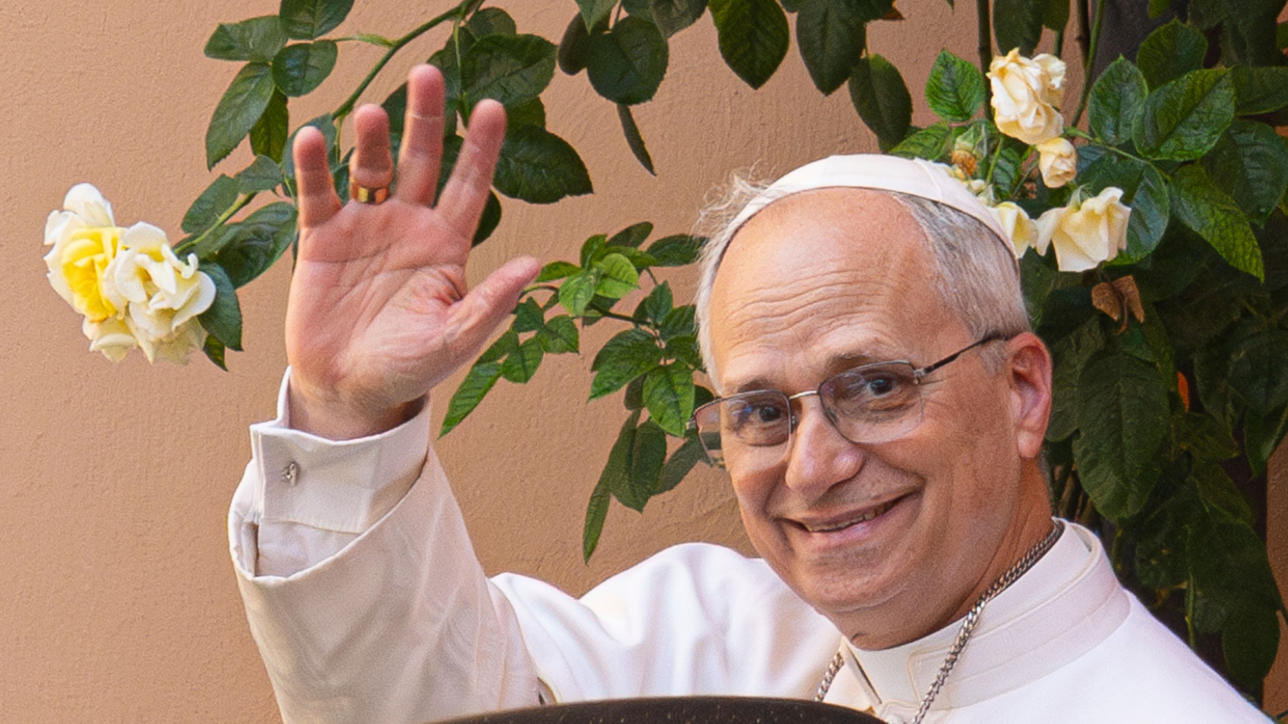 Pope Leo XIV leaves the Augustinian General House in Rome after a visit, Tuesday, May 13, 2025. (AP Photo/Domenico Stinellis)
