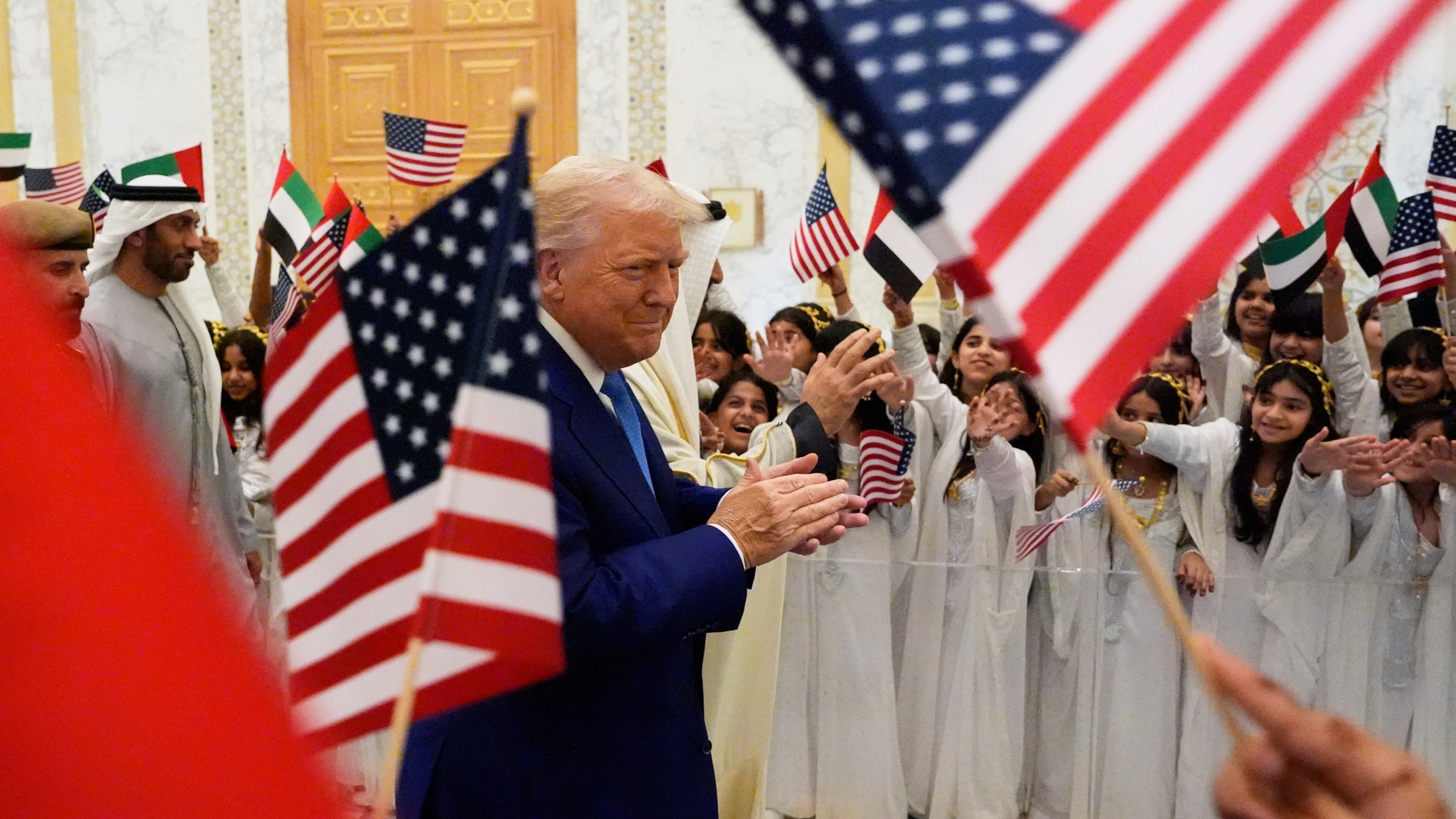 President Donald Trump and UAE President Mohammed bin Zayed Al Nahyan arrive at Qasr Al Watan, Thursday, May 15, 2025, in Abu Dhabi, United Arab Emirates. (AP Photo/Alex Brandon)