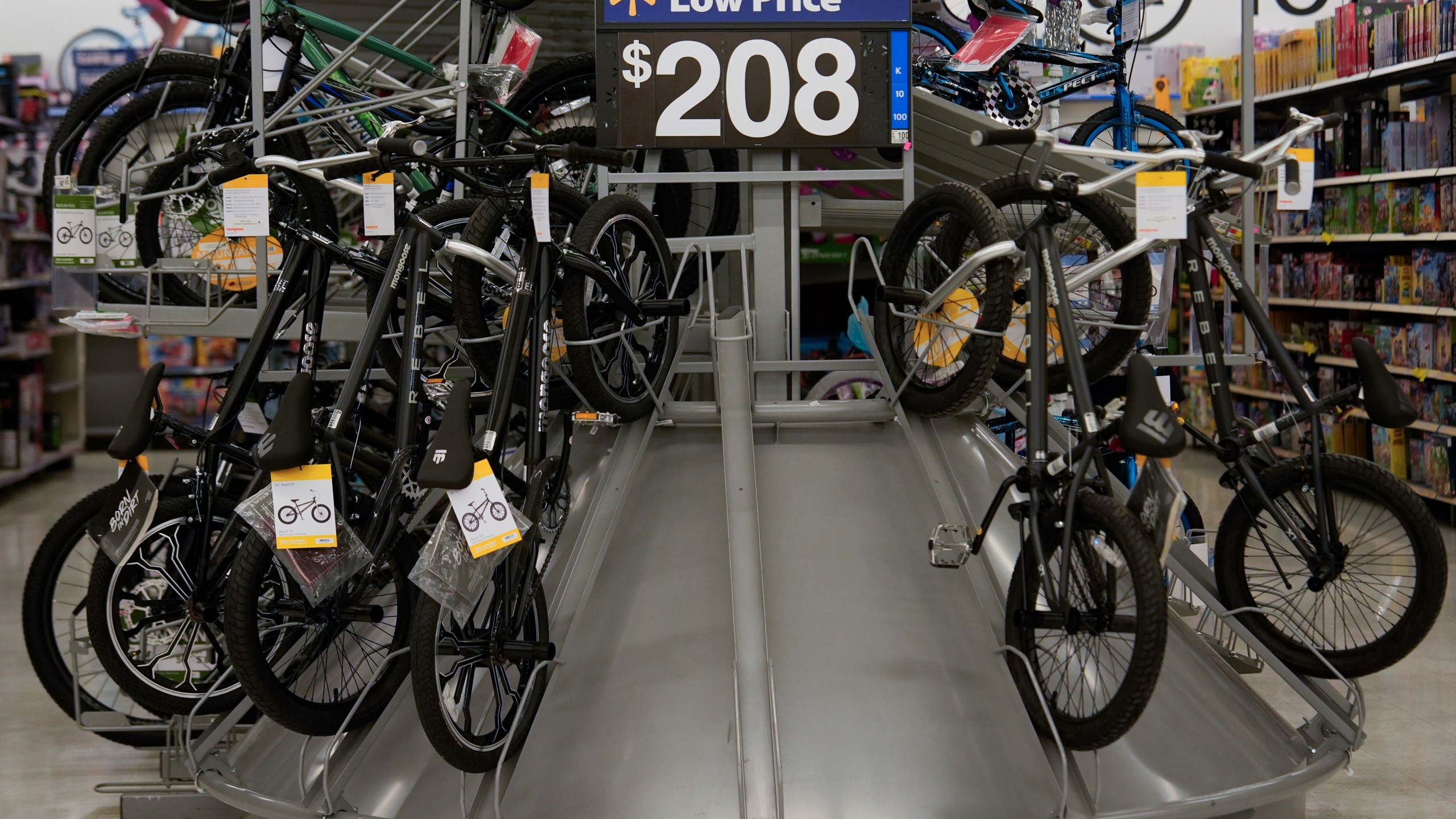 Bicycles are displayed at a Walmart, Wednesday, April 16, 2025, in Groton, Conn. (AP Photo/Julia Demaree Nikhinson)