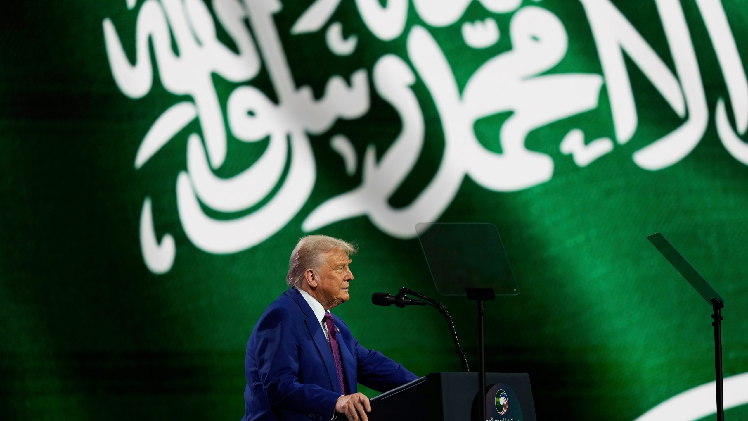 President Donald Trump speaks at the Saudi-U.S. Investment Forum at the King Abdulaziz International Conference Center in Riyadh, Saudi Arabia, Tuesday, May 13, 2025. (AP Photo/Alex Brandon)