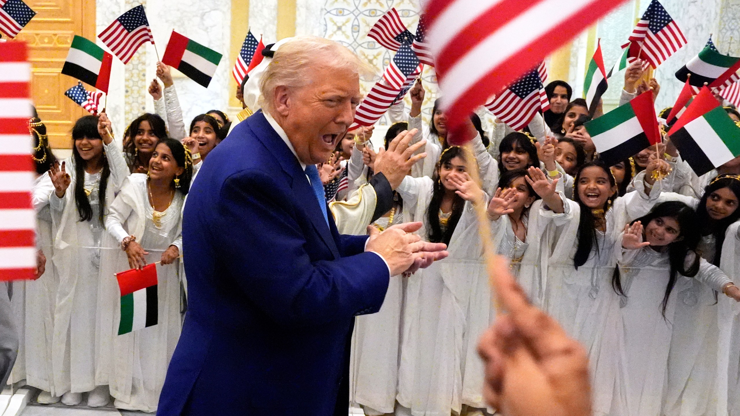 President Donald Trump and UAE President Mohammed bin Zayed Al Nahyan arrive at Qasr Al Watan, Thursday, May 15, 2025, in Abu Dhabi, United Arab Emirates. (AP Photo/Alex Brandon)