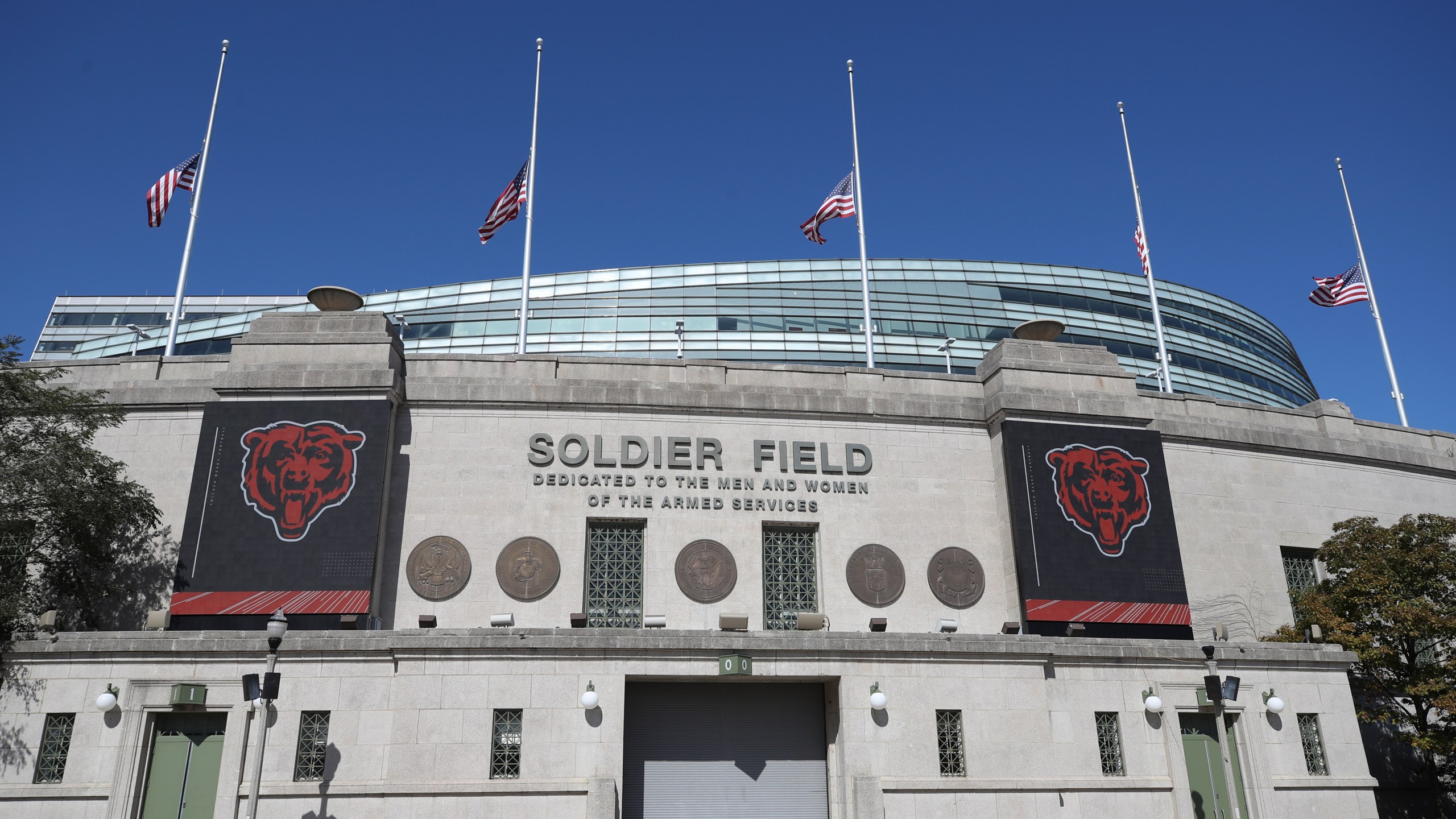 FILE - A general overall view of the exterior of Soldier Field before an NFL football game between the Chicago Bears and Indianapolis Colts, Oct. 4, 2020, in Chicago. (AP Photo/Kamil Krzaczynski, File)