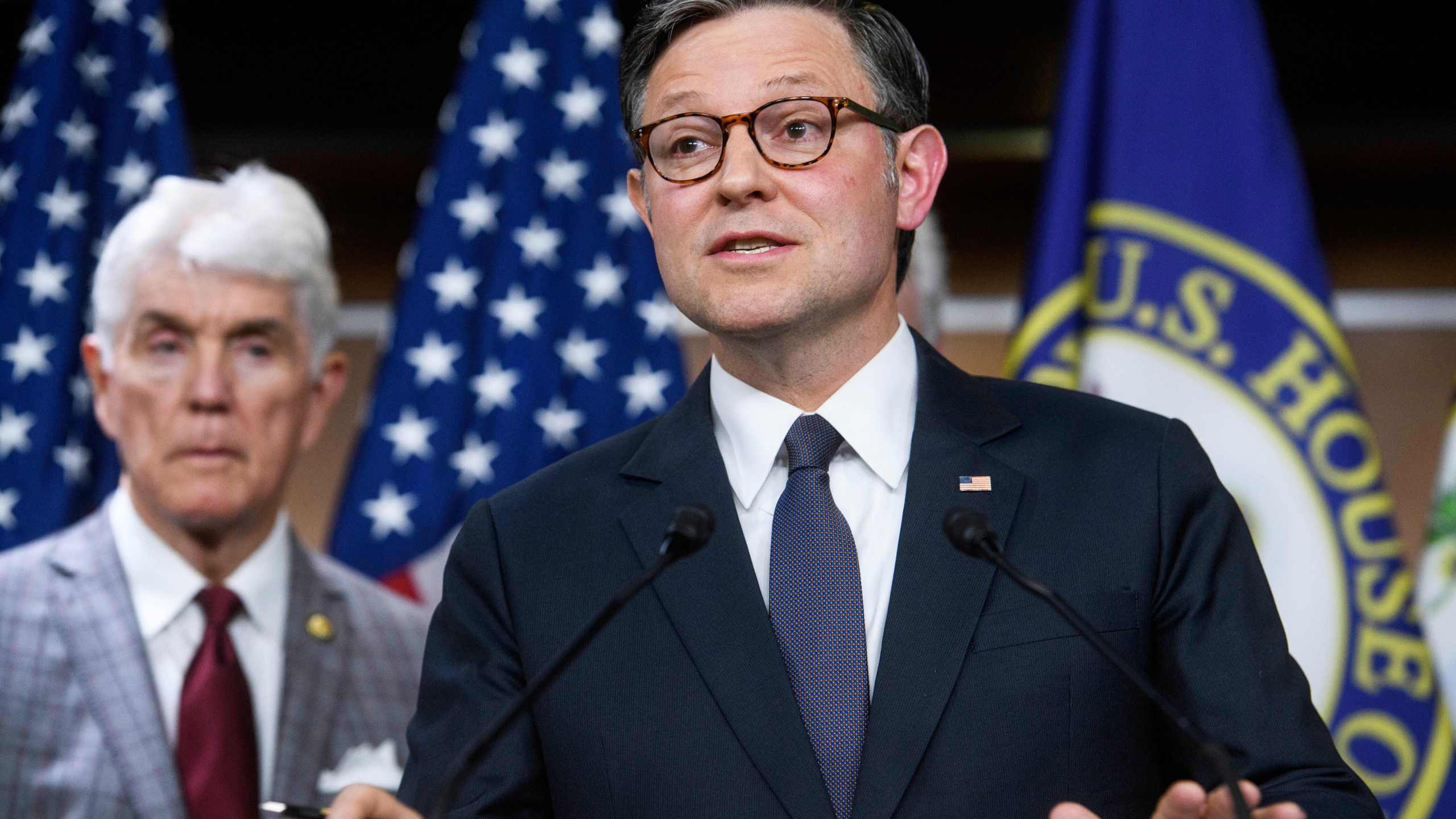 FiLE - Speaker of the House Mike Johnson, R-La., speaks during a news conference at the Capitol, May 6, 2025, in Washington. (AP Photo/Rod Lamkey, Jr., File)