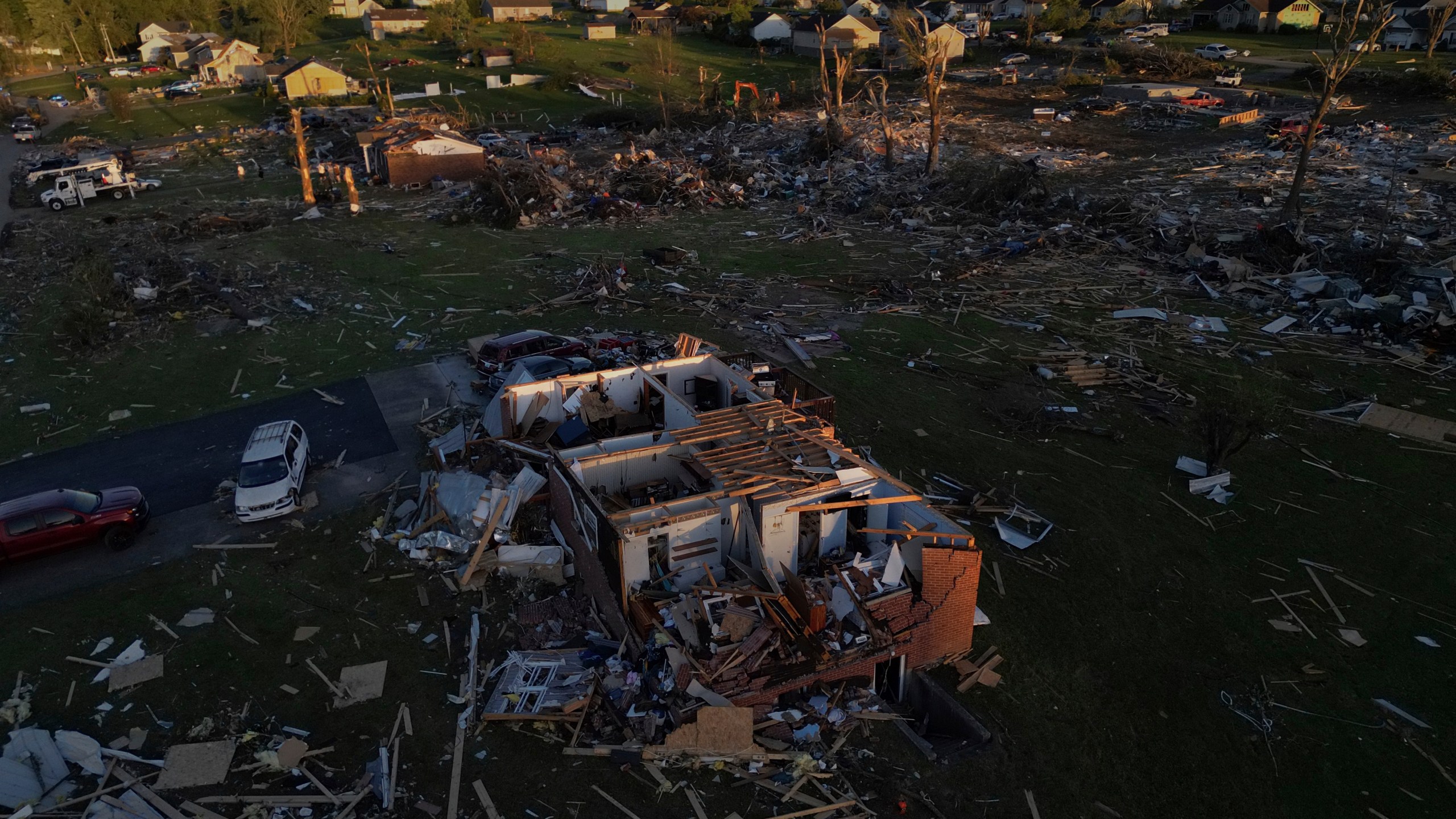 Destroyed homes are seen after a severe storm passed through the area, Saturday, May 17, 2025, in London, Ky. (AP Photo/Carolyn Kaster)