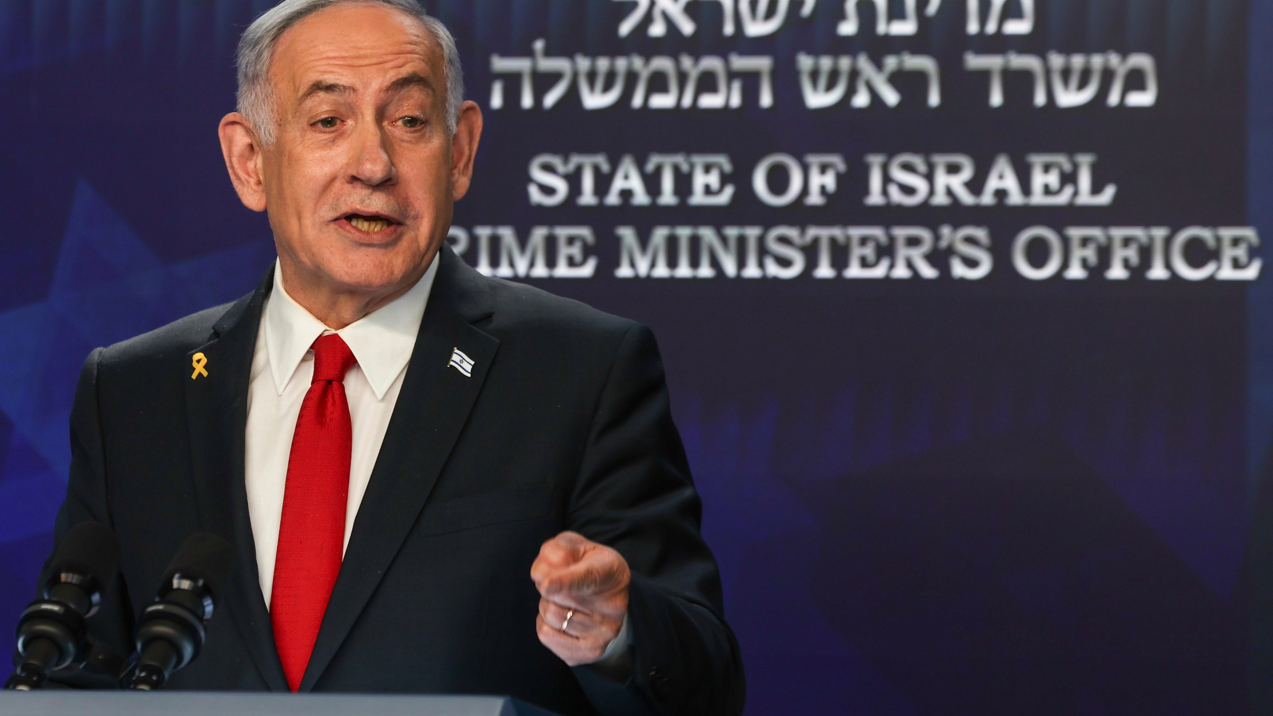 Israeli Prime Minister Benjamin Netanyahu speaks during a press conference in Jerusalem, Wednesday, May 21, 2025. (Ronen Zvulun/Pool Photo via AP)