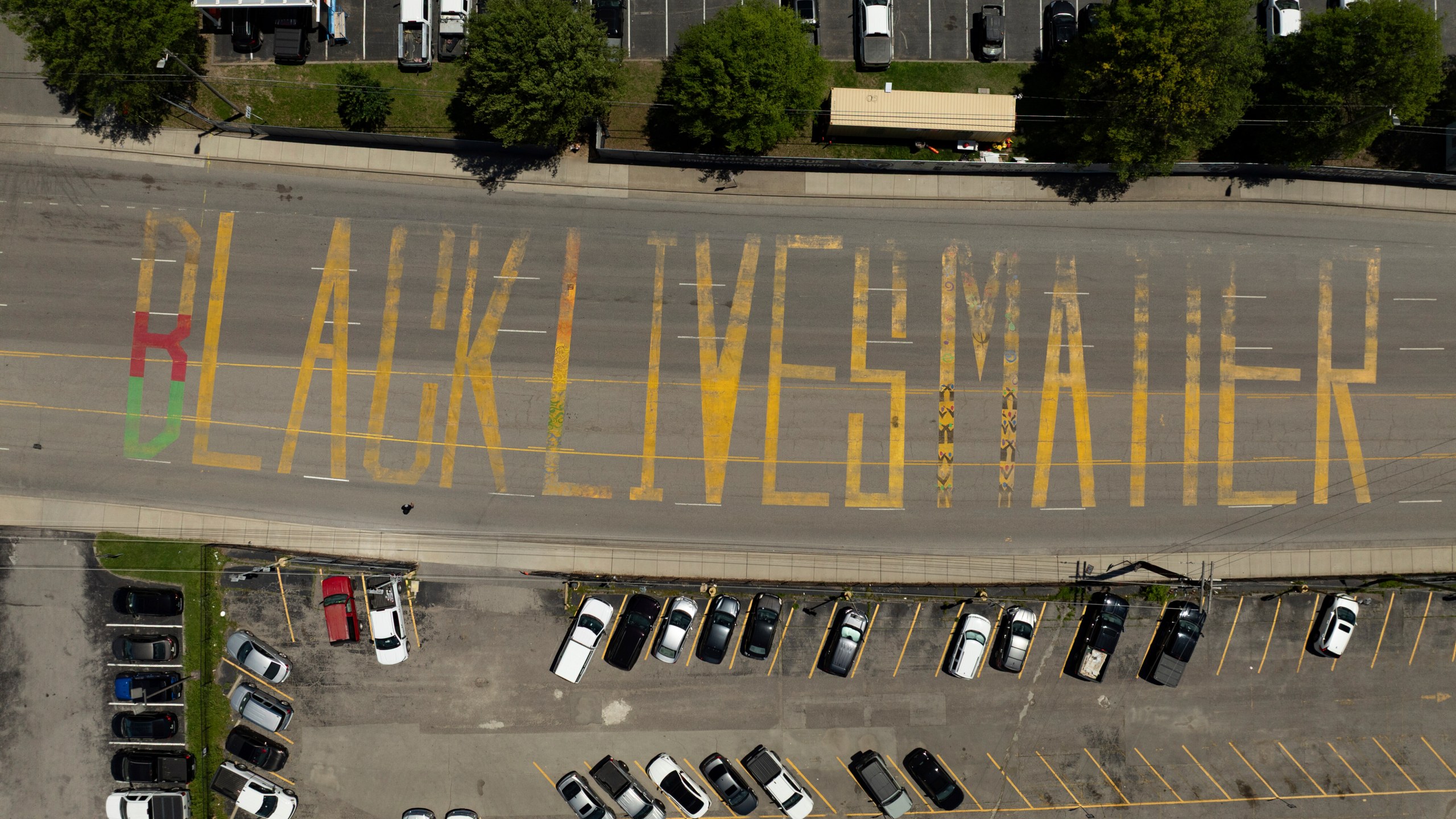 A Black Lives Matter mural painted by Thaxton Waters II is seen in an aerial view on Thursday, May 22, 2025, in Nashville, Tenn. (AP Photo/Kevin Wurm)