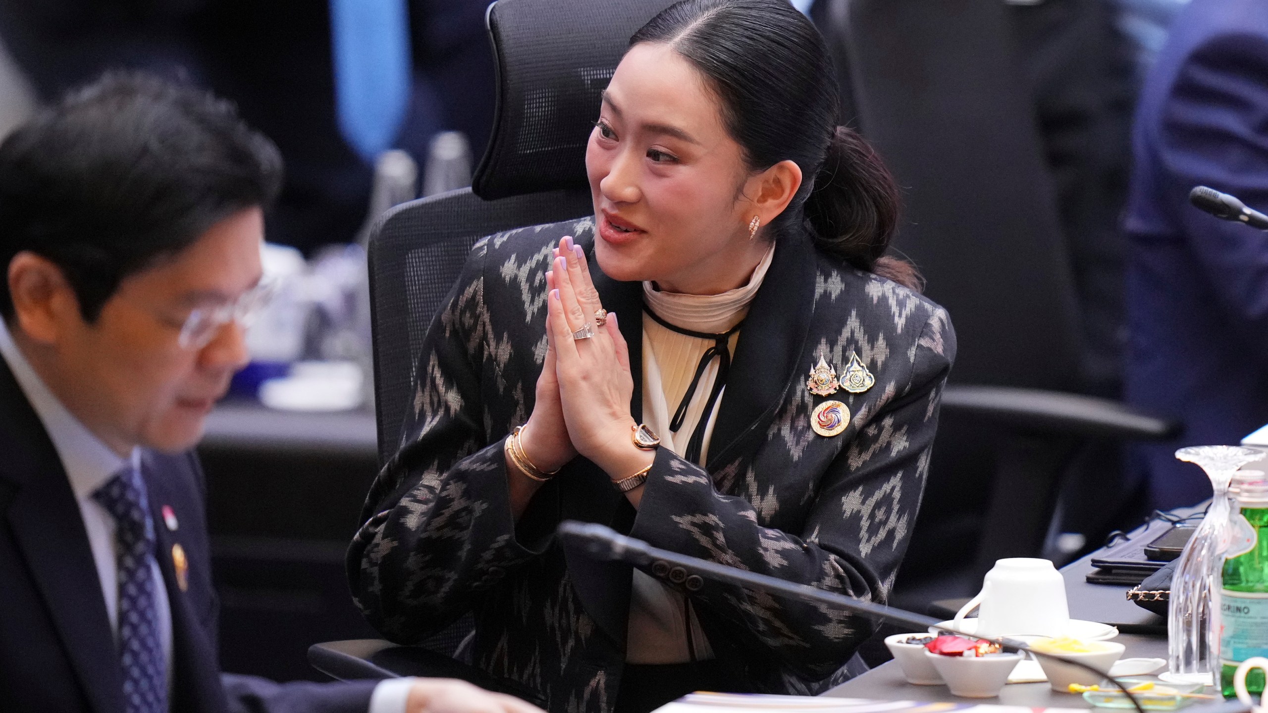 Thailand's Prime Minister Paetongtarn Shinawatra gestures as she attends the plenary session at the Association of Southeast Asian Nations (ASEAN) Summit in Kuala Lumpur, Malaysia, Monday, May 26, 2025. (AP Photo/Vincent Thian)