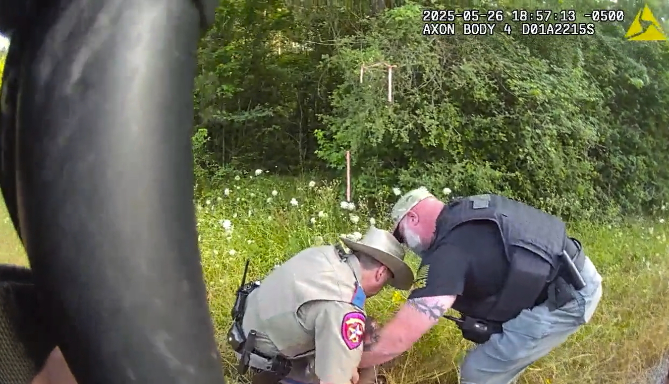 This image from video taken by Huntsville Police Department shows the May 26, 2025, arrest of two New Orleans inmates who were on the run since their May 16, 2025, jailbreak. (Huntsville Police Department via AP)