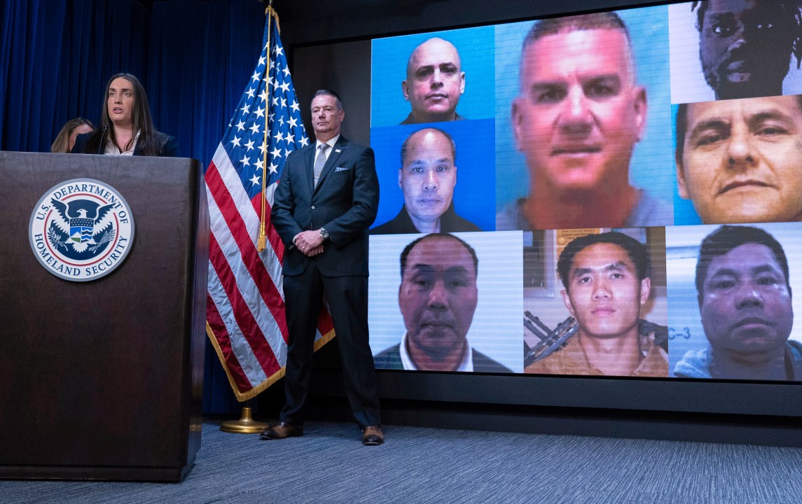 Deputy director of U.S. Immigration and Customs Enforcement Madison Sheahan, flanked by Acting director of U.S. Immigration and Customs Enforcement (ICE) Todd Lyons, speaks during a news conference at ICE Headquarters, in Washington, Wednesday, May 21, 2025. (AP Photo/Jose Luis Magana)