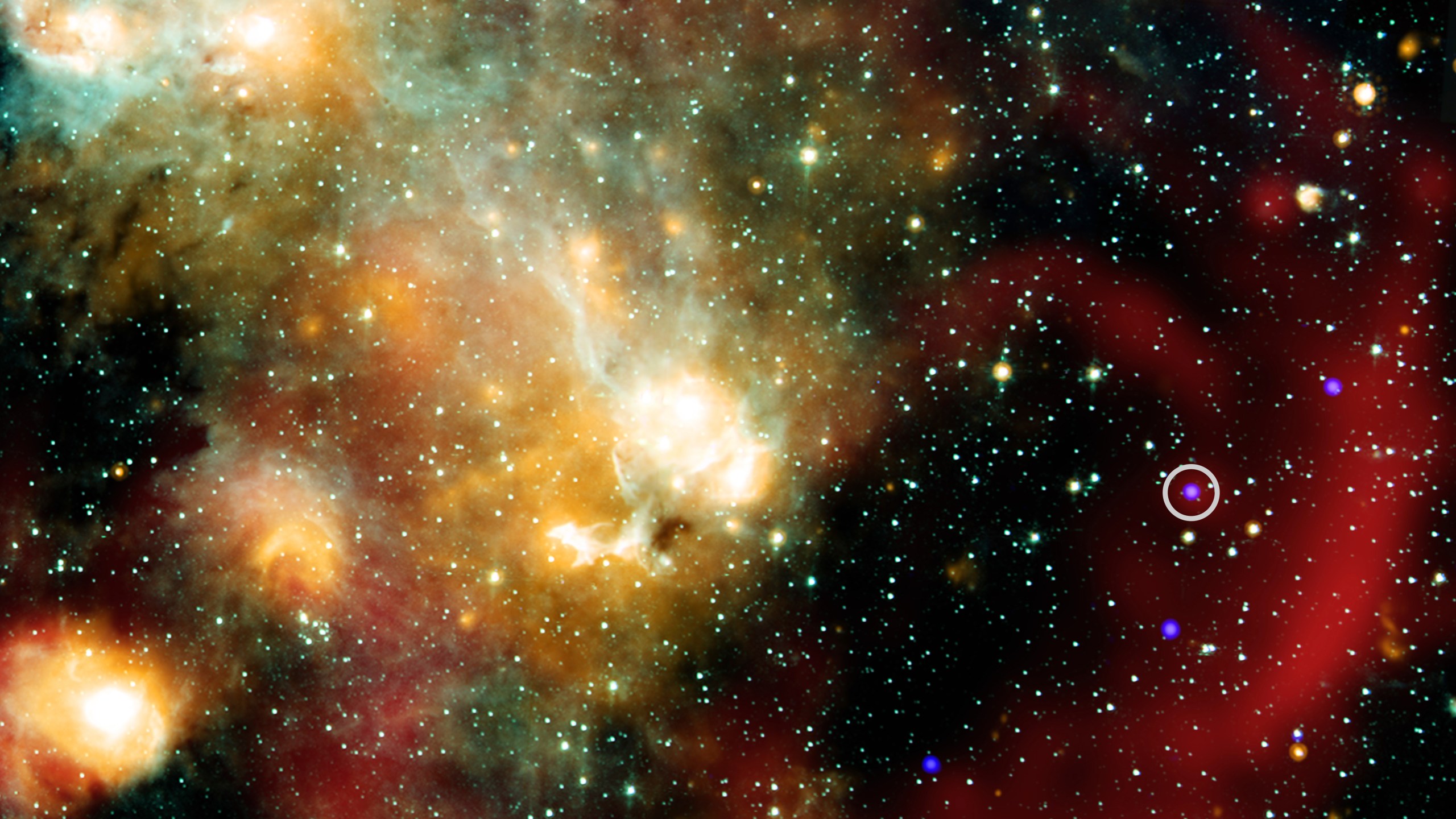 This image provided by NASA shows X-rays from NASA’s Chandra X-ray Observatory (represented in blue) that have been combined with infrared data from NASA’s retired Spitzer Space Telescope (cyan, light blue, teal and orange), and radio from MeerKat (red). An inset shows a more detailed view of the immediate area around this unusual object in X-ray and radio light. (NASA/Chandra/Spitzer/MeerKat via AP)