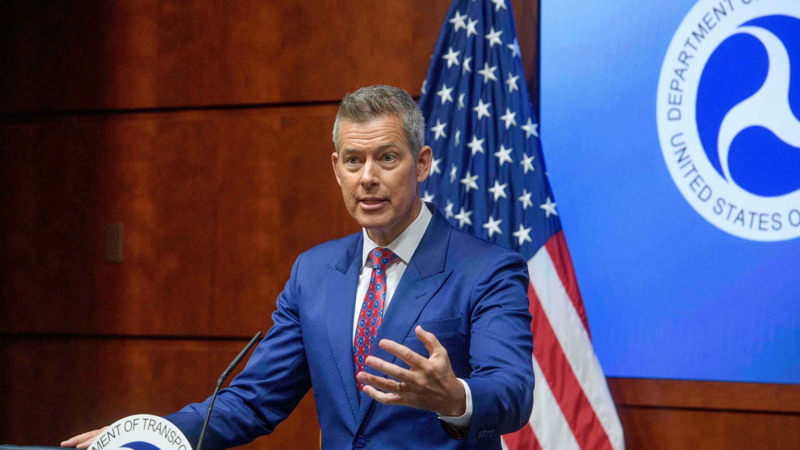 Secretary of Transportation Sean Duffy speaks during a news conference to provide a status update on Newark Liberty International Airport at the Department of Transportation in Washington, Wednesday, May 28, 2025. (AP Photo/Rod Lamkey, Jr.)